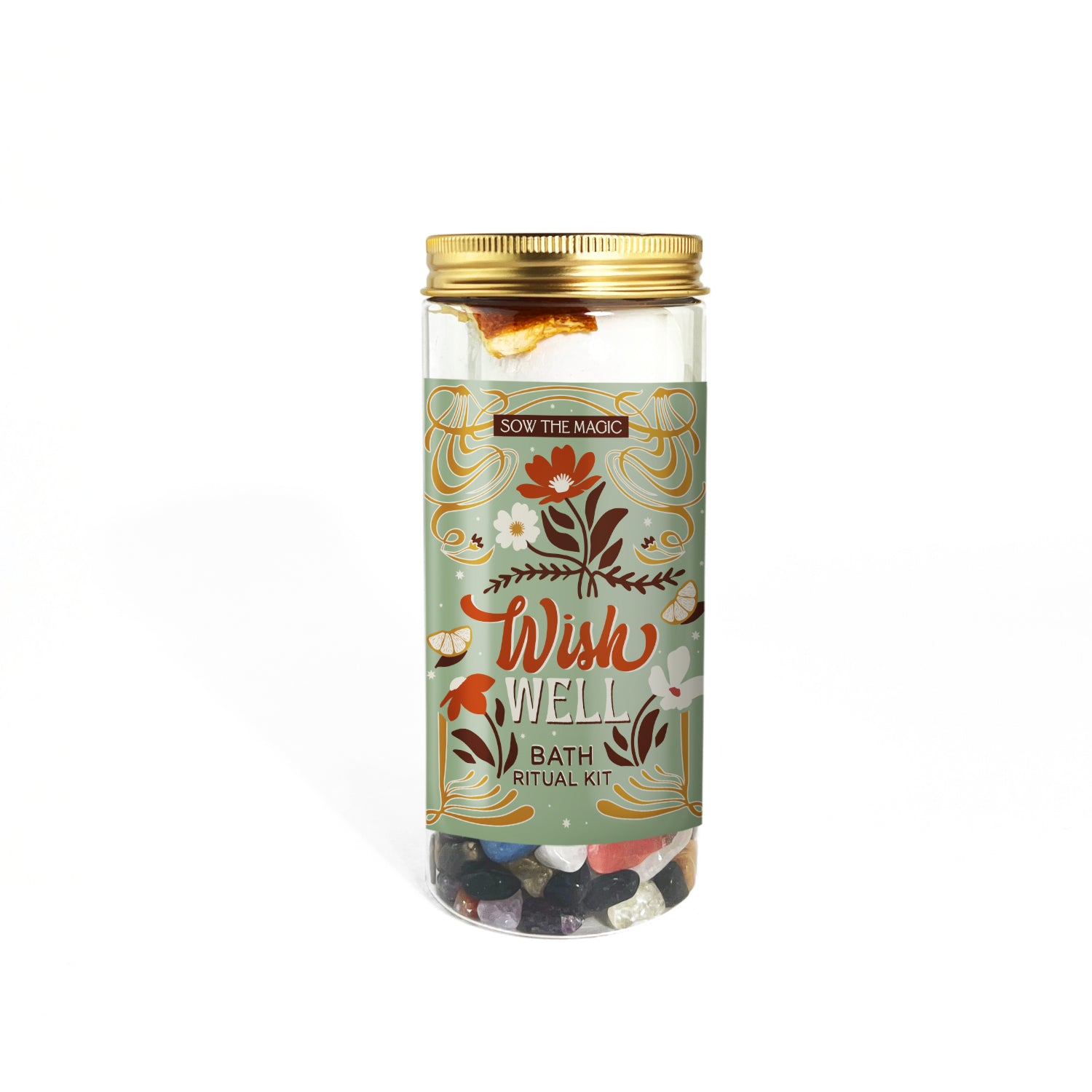 Wish Well Bath Ritual Kit by Sow The Magic featuring colorful crystals and botanical ingredients in a glass jar for manifestation and self-care rituals.