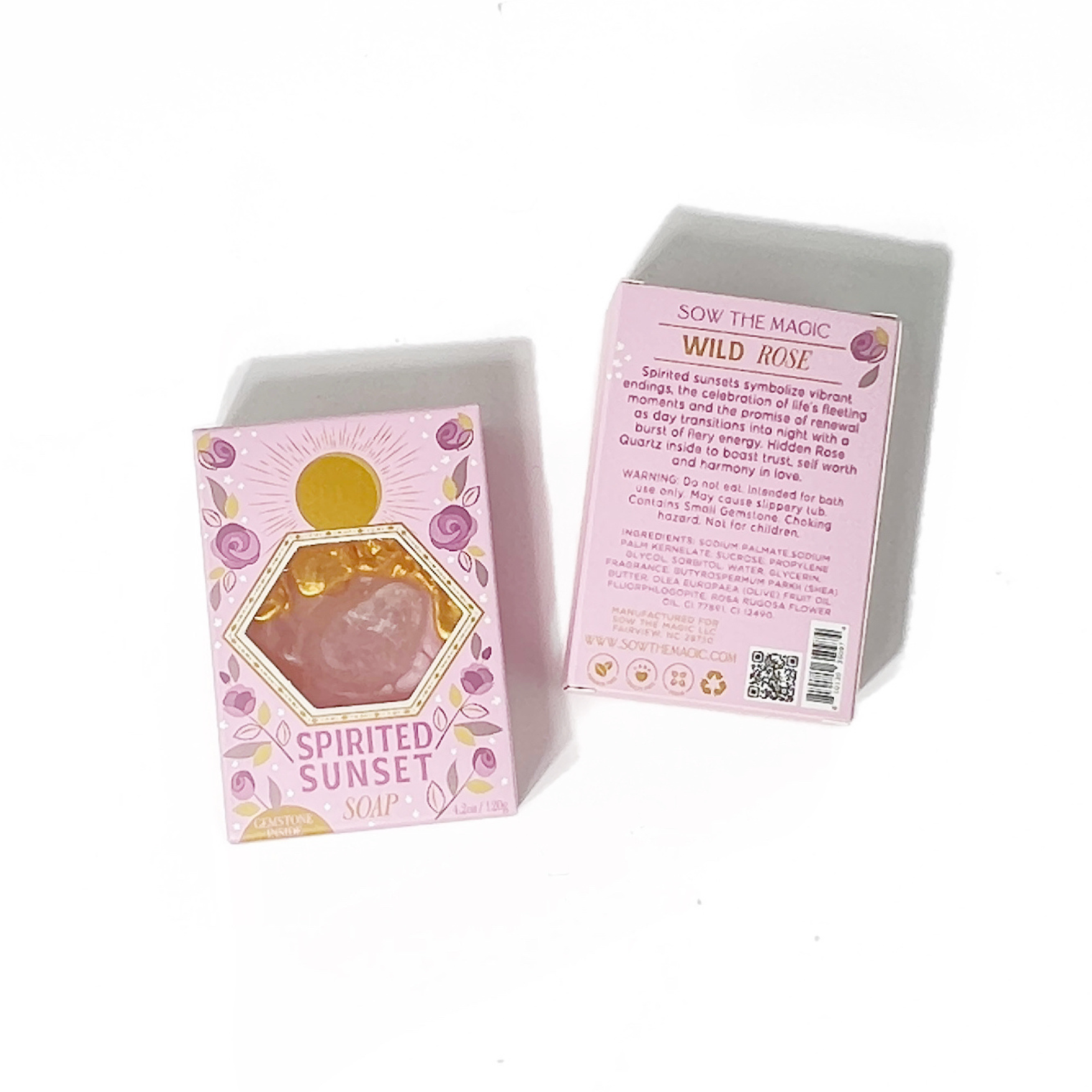 Spirited Sunset Gemstone Soap shown front and back displaying product details, ingredients, and Sow the Magic branding.