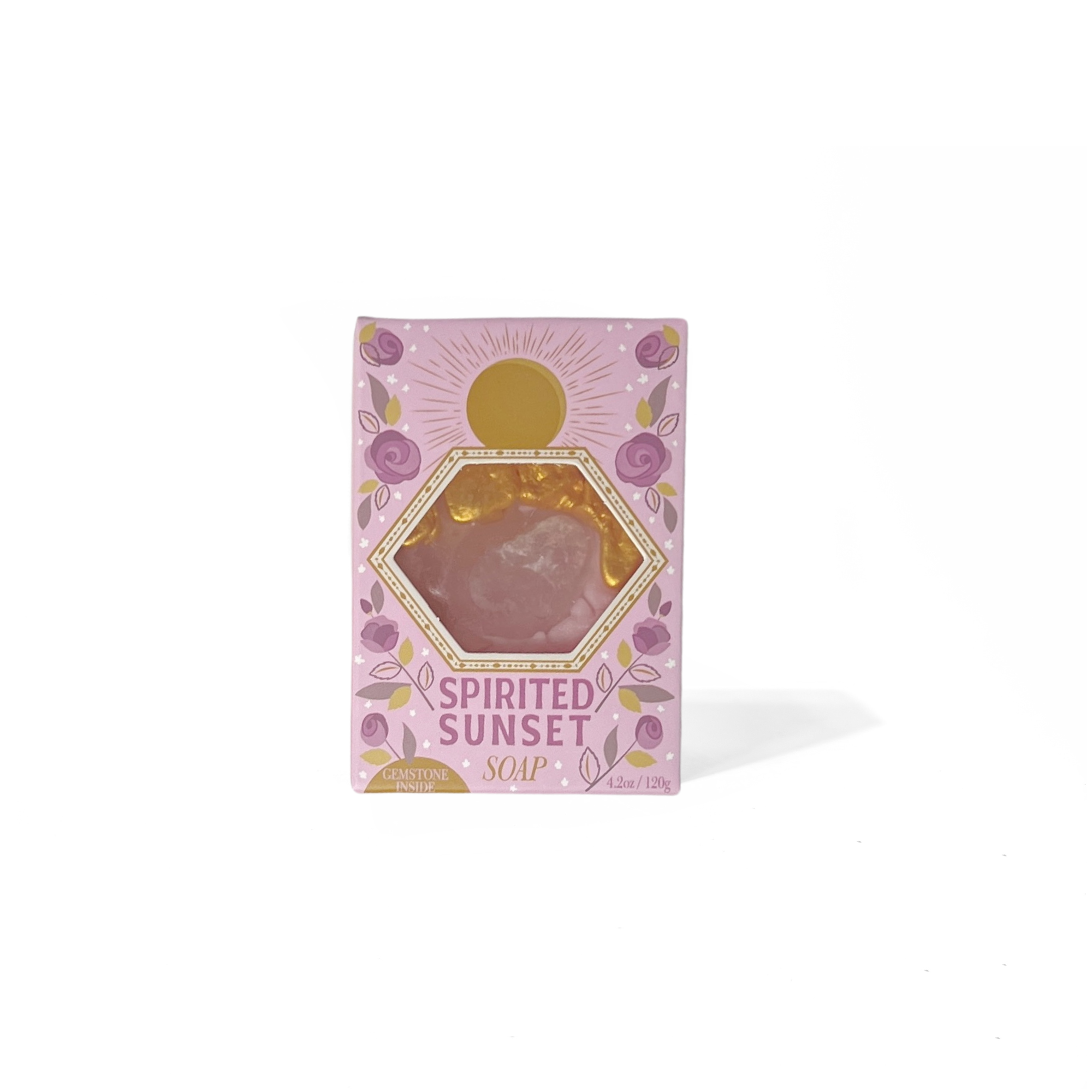 Spirited Sunset Gemstone Bar Soap front packaging featuring wild rose design with visible rose quartz gemstone inside.