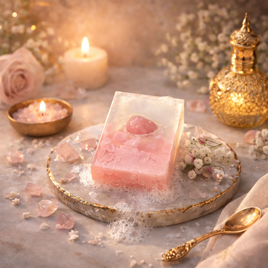 Spirited Sunset gemstone soap with rose quartz crystal styled in a golden ritual setting with candlelight, pink florals, bath salts, and soft suds