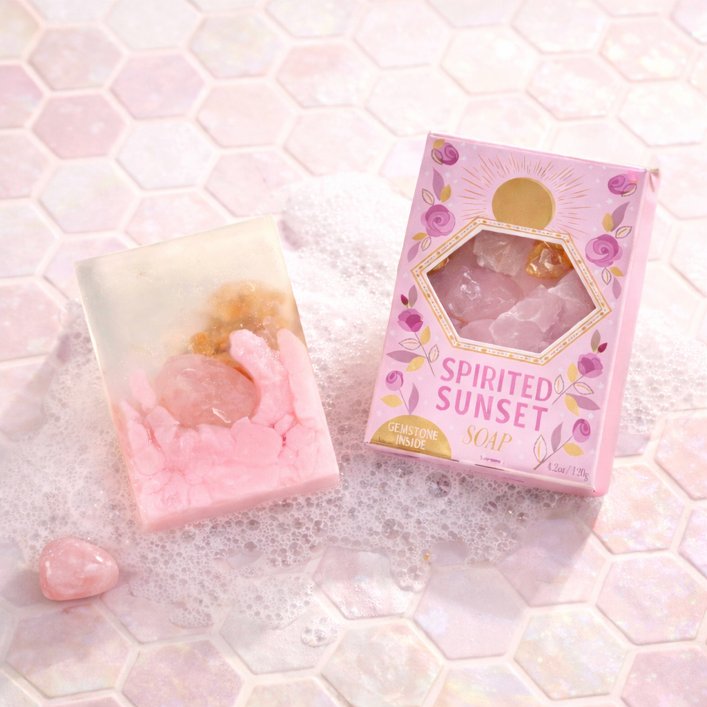Spirited Sunset gemstone soap with pink box styled on pastel honeycomb tile with soft suds and rose quartz stone