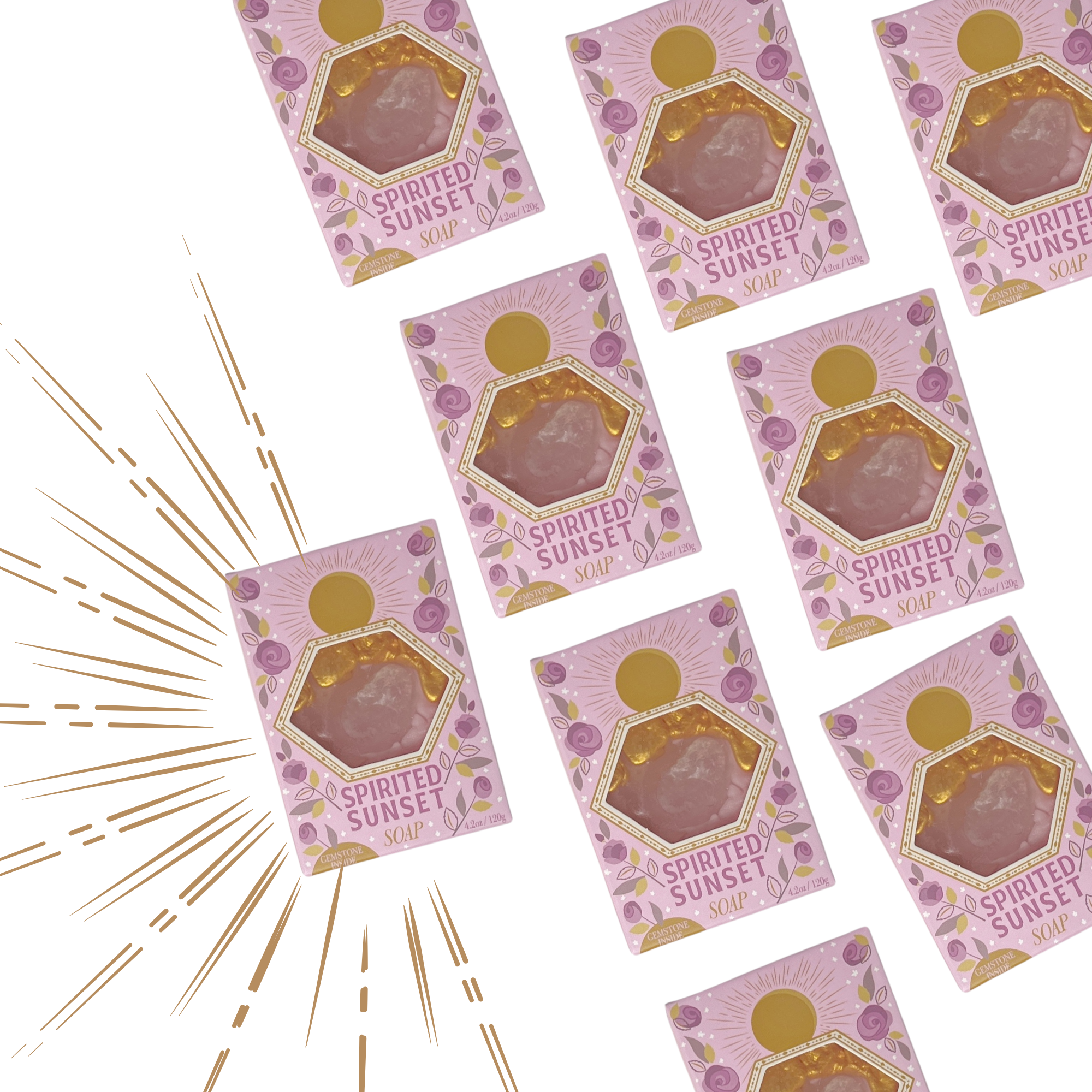 Spirited Sunset Gemstone Soaps arranged in repeating pattern with radiant sunburst background and pink packaging.