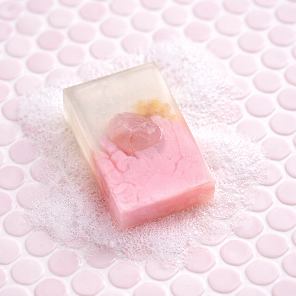 Spirited Sunset gemstone soap bar with embedded rose quartz resting on pale pink honeycomb tile surrounded by soft soap suds