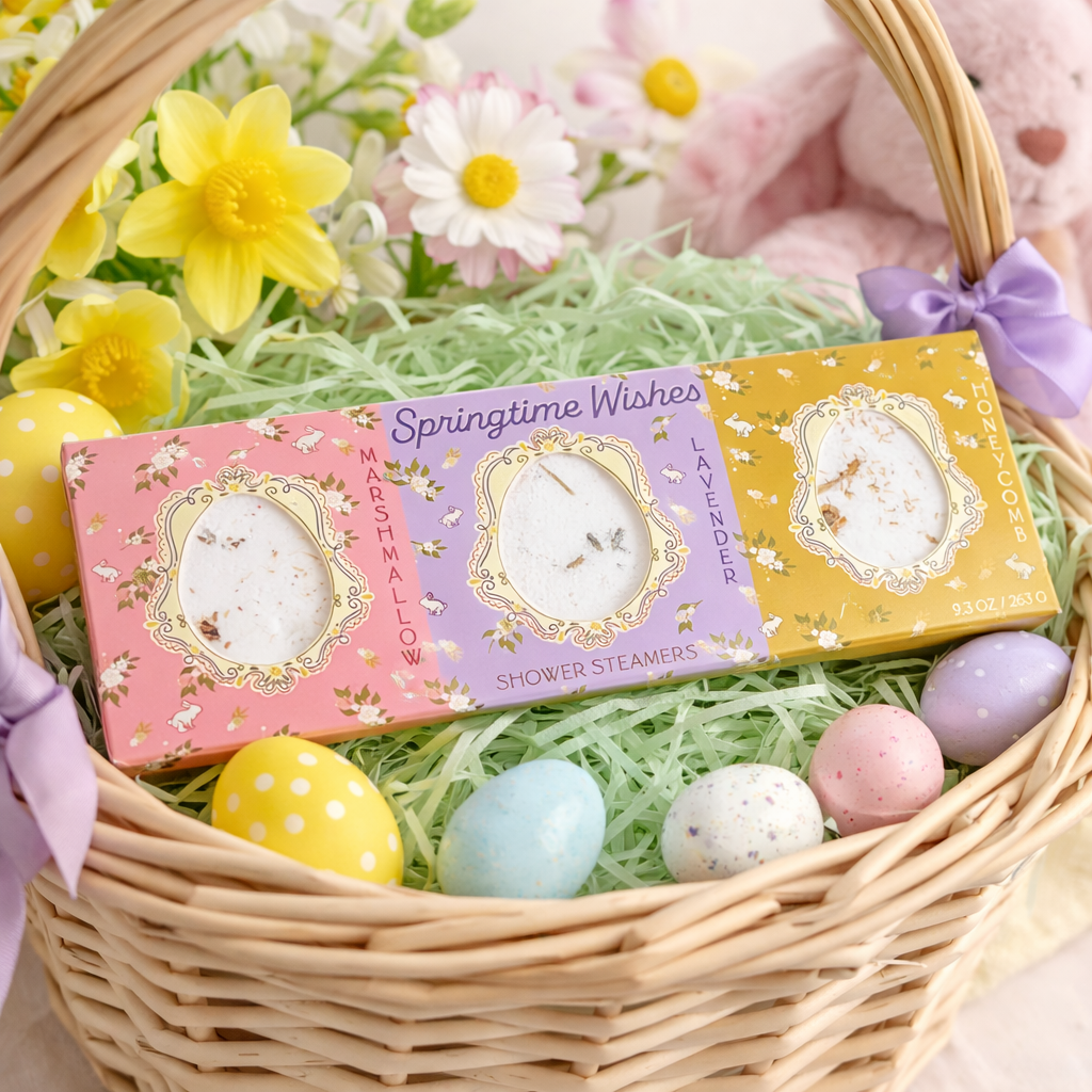springtime shower steamer trio in easter basket with pastel eggs flowers and bunny gift set display