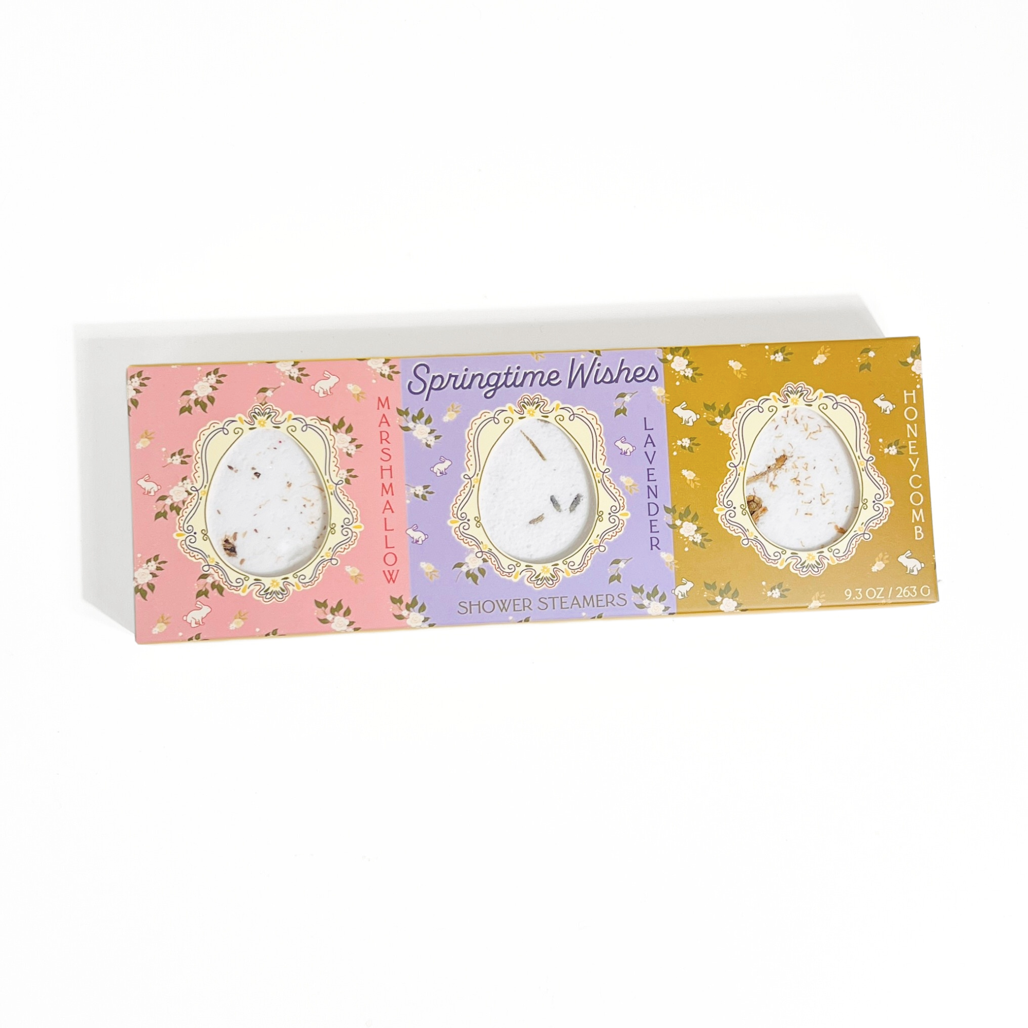 springtime shower steamer trio box with marshmallow lavender and honeycomb scents and floral design