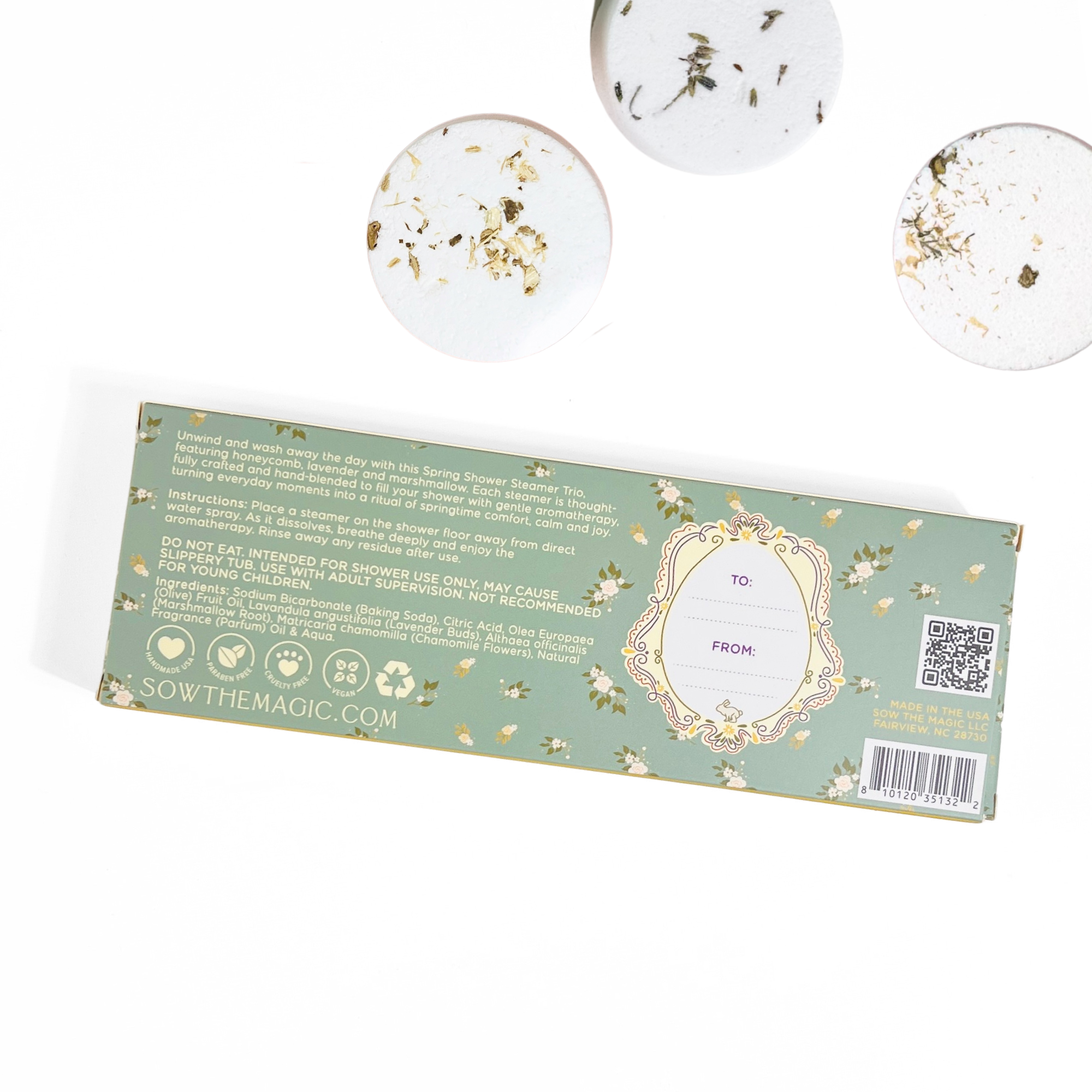 back of springtime shower steamer trio box with ingredients instructions and floral design