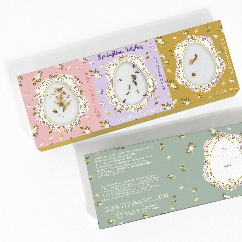 Springtime Wishes shower steamer trio box with marshmallow, lavender and honeycomb and giftable To and From space