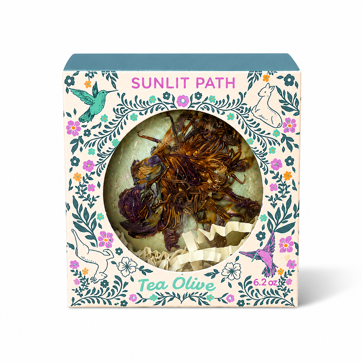 Sunlit Path Tea Olive botanical bath bomb gift box featuring a green bath bomb with dried tea olive blossoms displayed on a clean white background with a soft shadow.