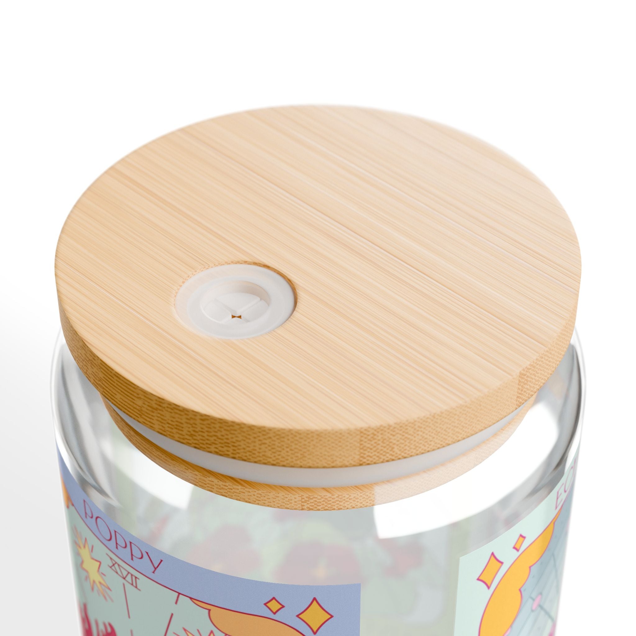 Close-up of bamboo lid on Sow the Magic tarot seed packet illustration glass tumbler