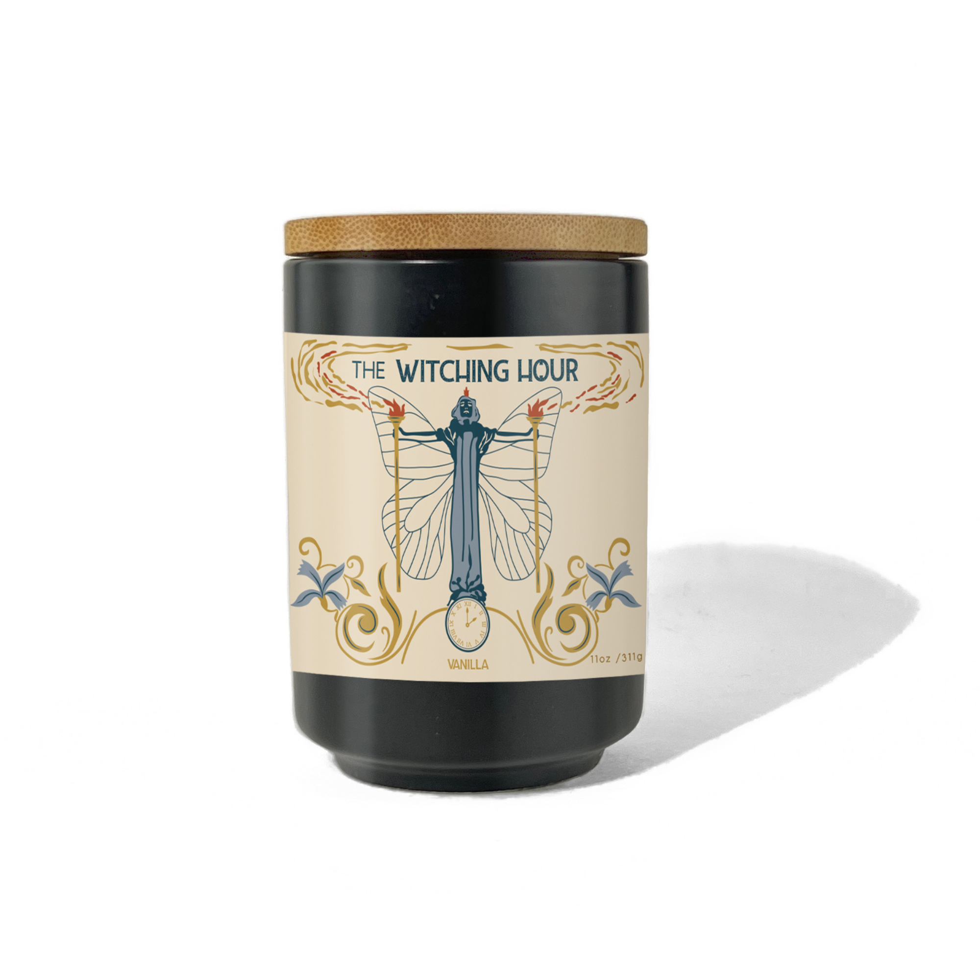 Witching Hour vanilla candle with mystical design and wood lid