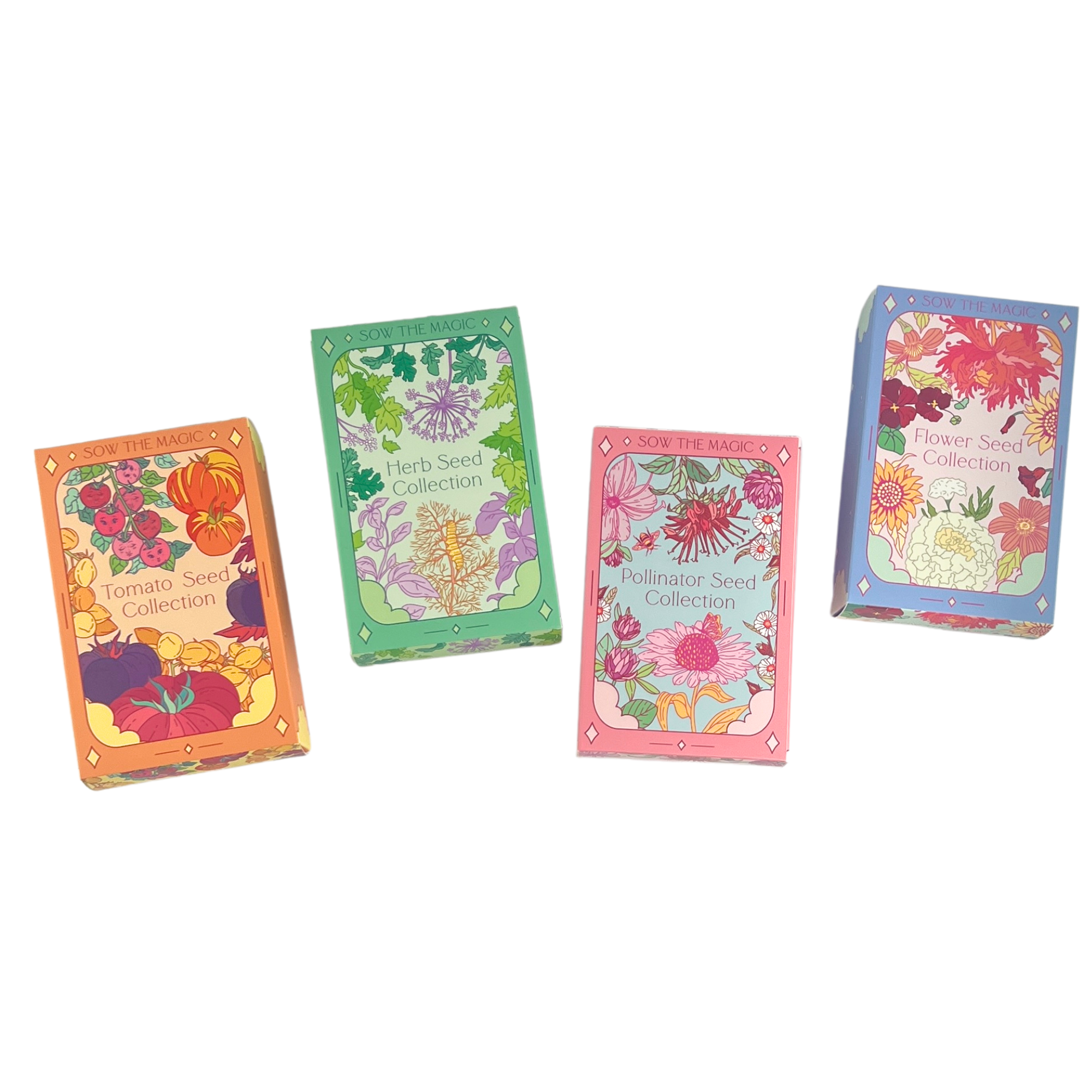 Four Sow The Magic seed collection gift boxes — Tomato, Herb, Pollinator, and Flower — displayed side by side.