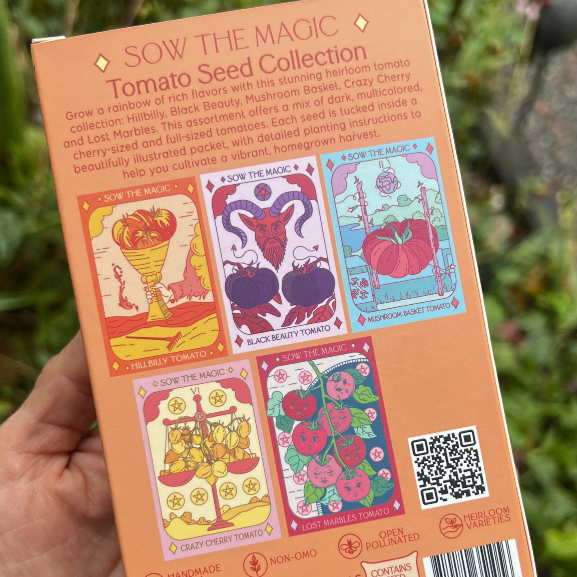 Back of Sow The Magic Tomato Seed Collection box with illustrated heirloom tomato seed packets and planting details.