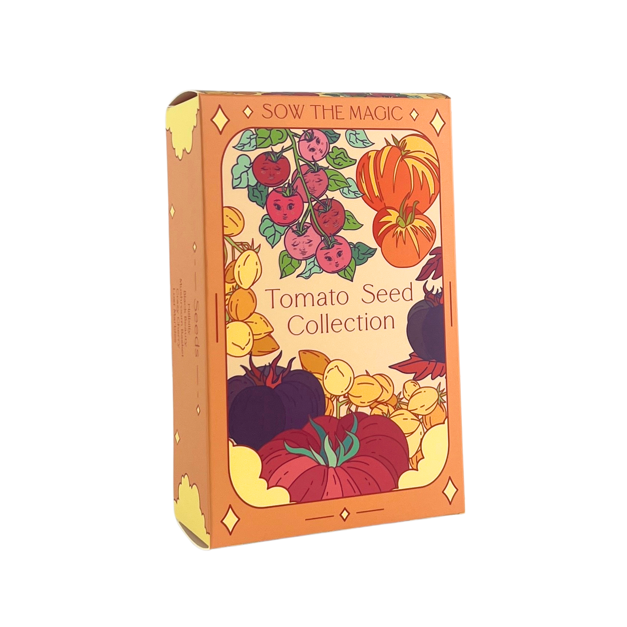 Sow The Magic Tomato Seed Collection box with colorful illustrated heirloom tomato varieties on the front packaging.
