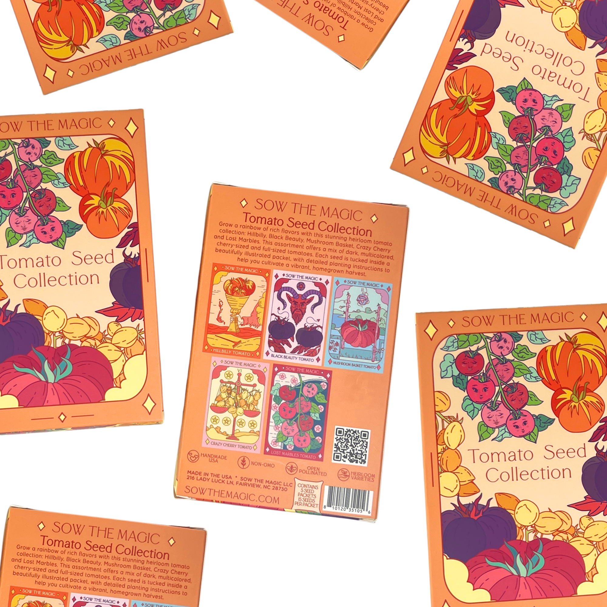 Flat lay of Sow The Magic Tomato Seed Collection boxes showing front and back designs, heirloom tomato seed gift set.