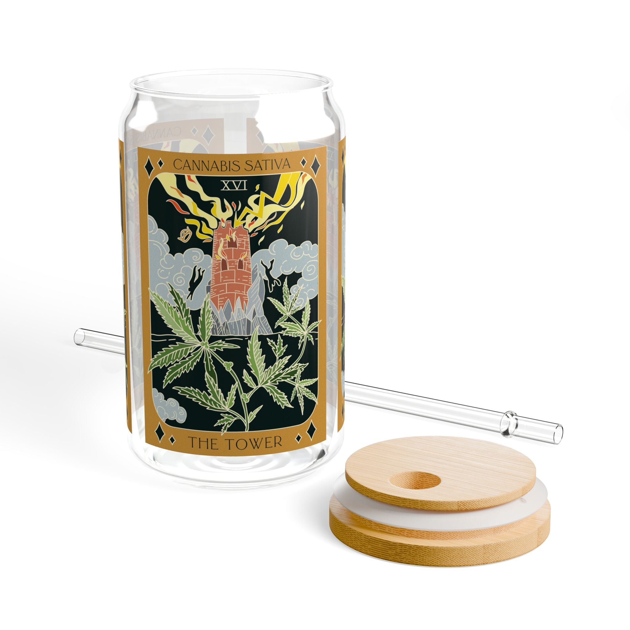 Cannabis Sativa The Tower tarot glass tumbler displayed with removable bamboo lid and reusable straw