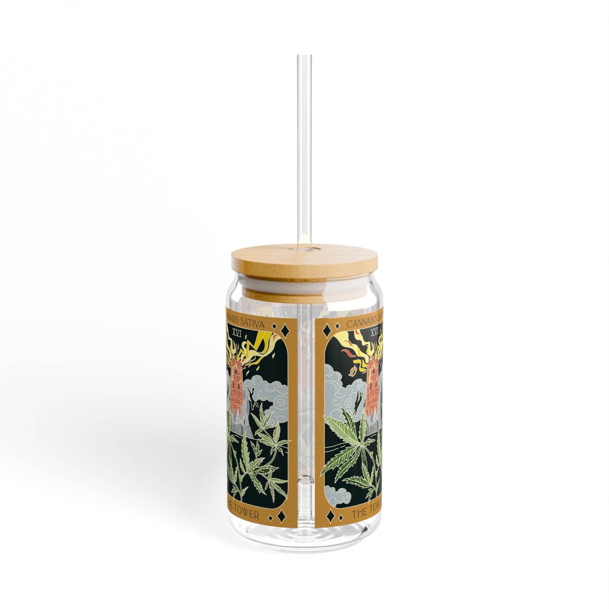 The Tower Cannabis Sativa tarot glass tumbler showing colorful wraparound botanical illustrations