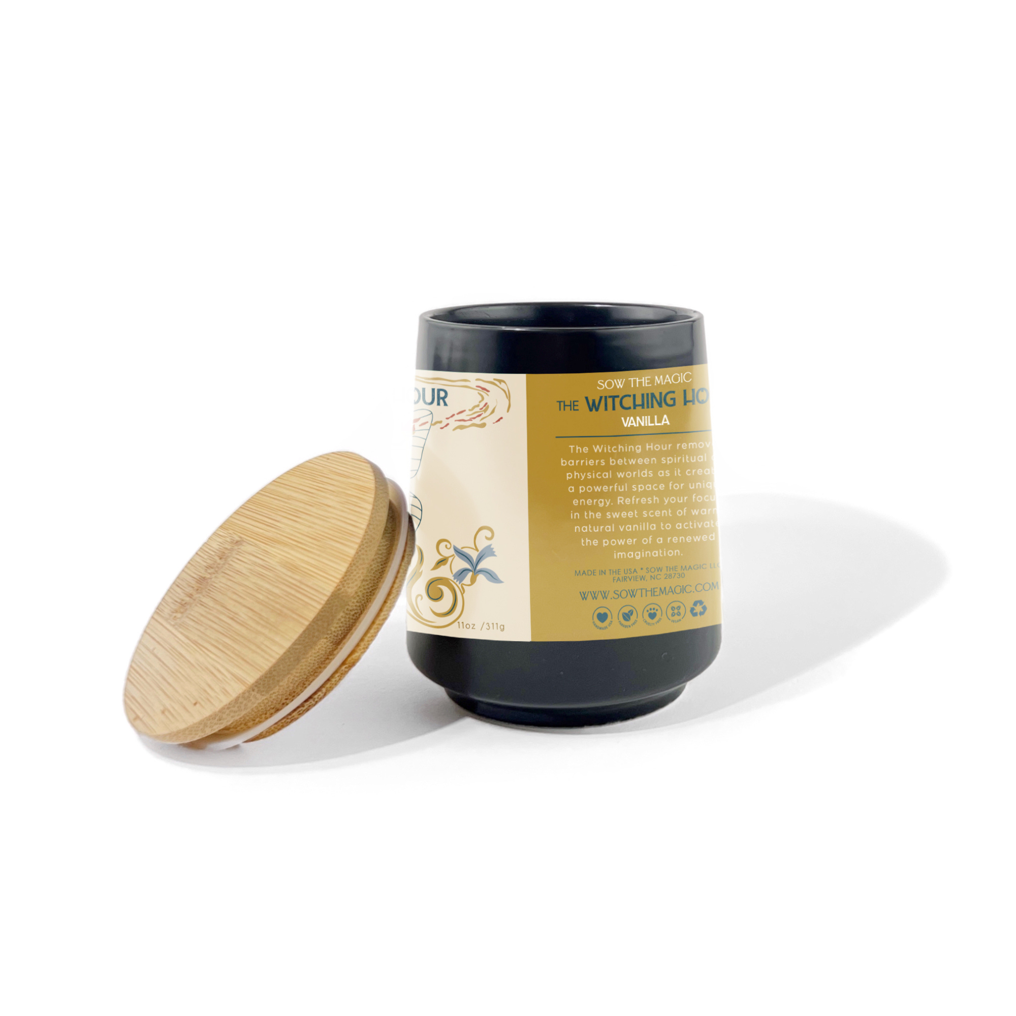 Flatlay of The Witching Hour vanilla candle with wooden lid and soy wax