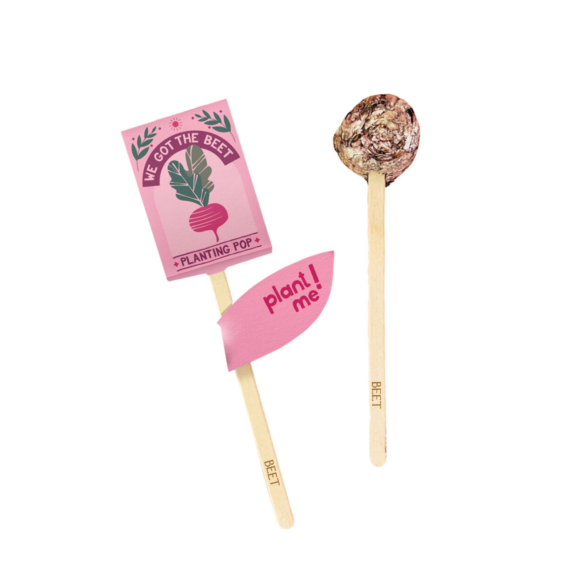 Two We Got The Beet planting pops with pink label and visible seed ball