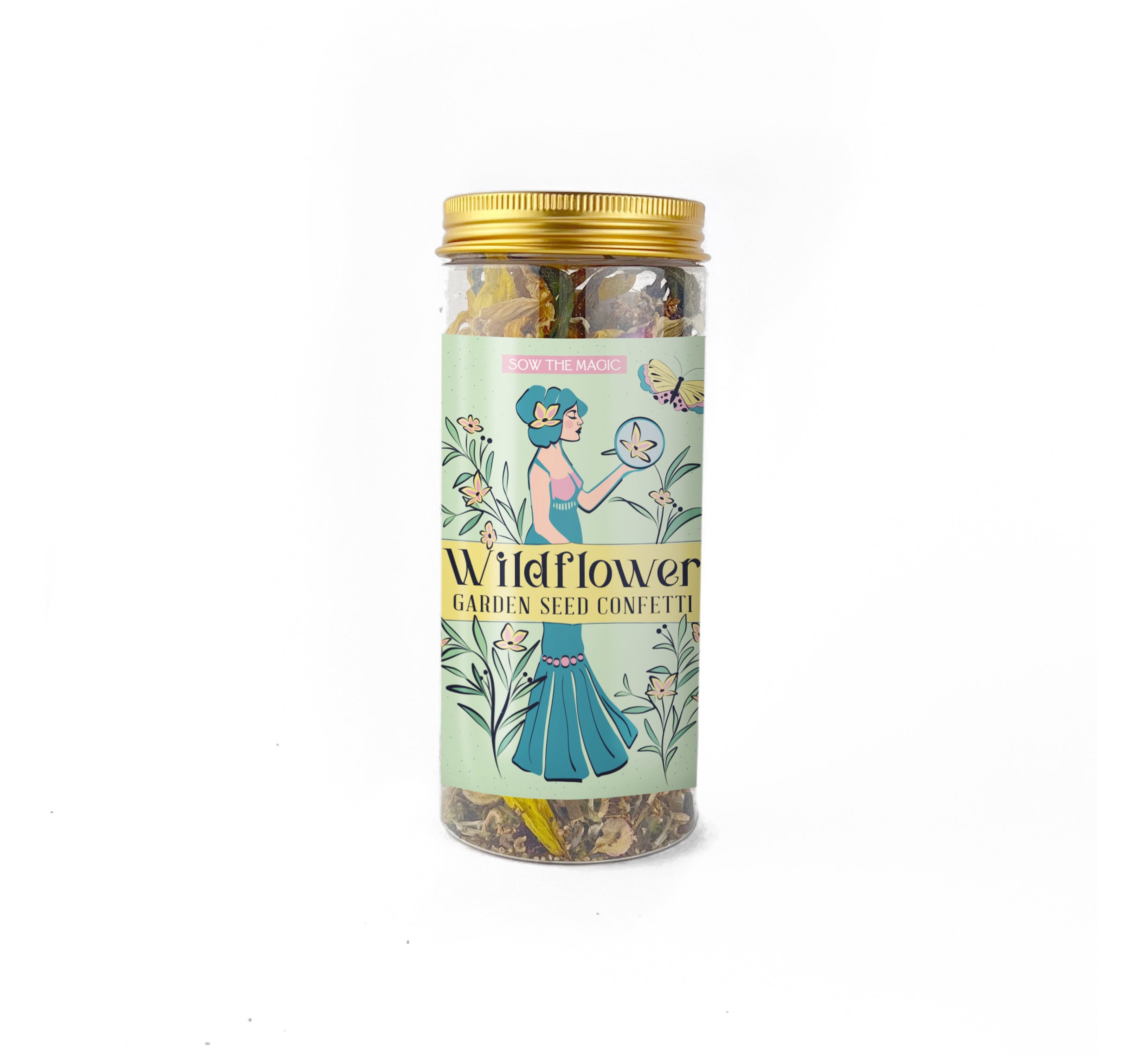 Eco-friendly wildflower seed confetti sprinkles in glass jar with colorful label