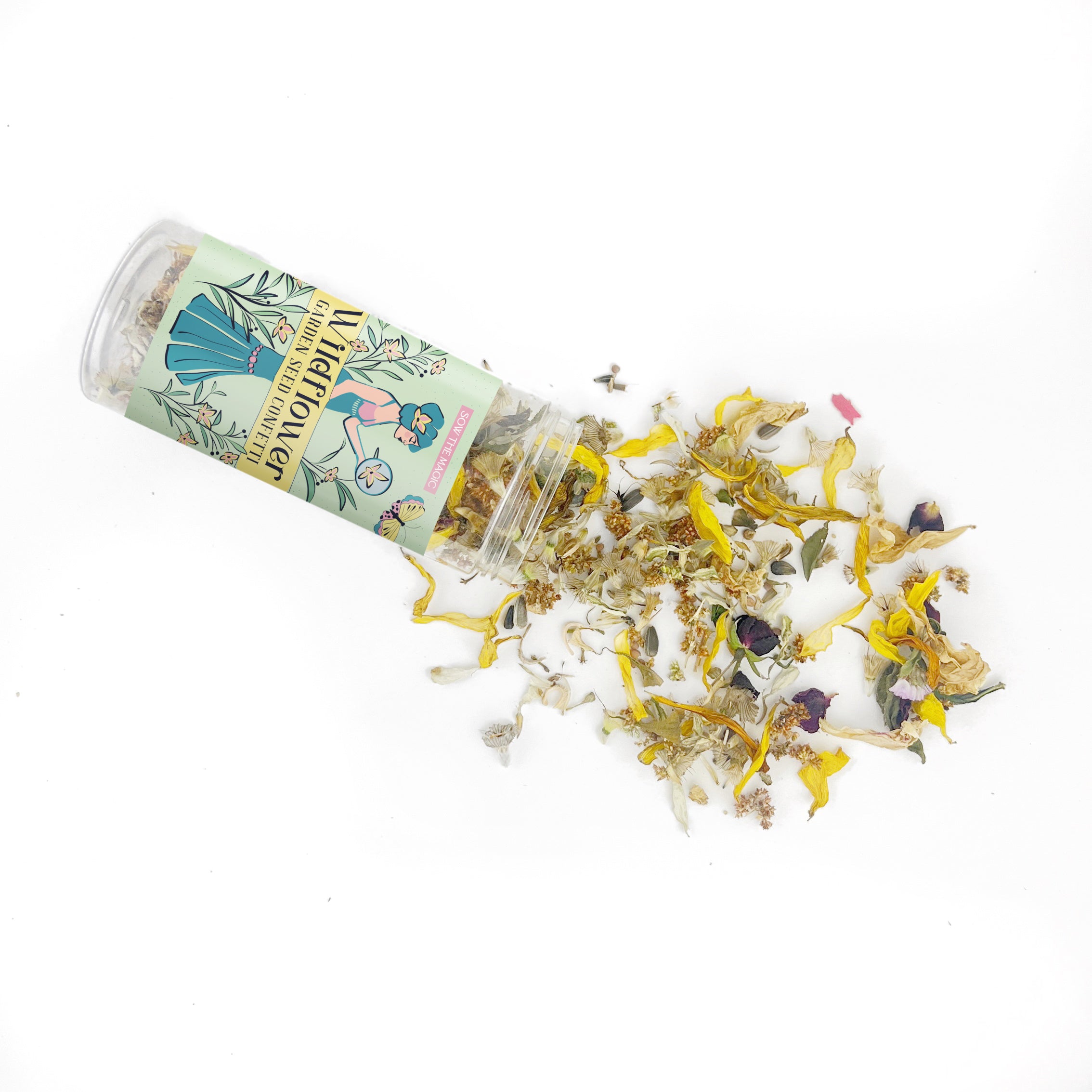 Wildflower seed confetti displayed beside blooming flowers for celebration decor