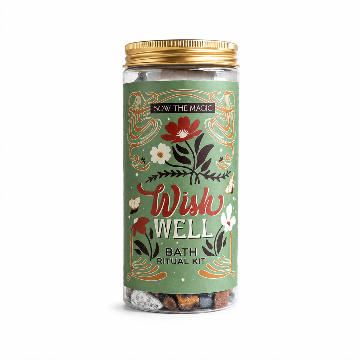 Wish Well bath ritual kit jar with green botanical label on clean white background