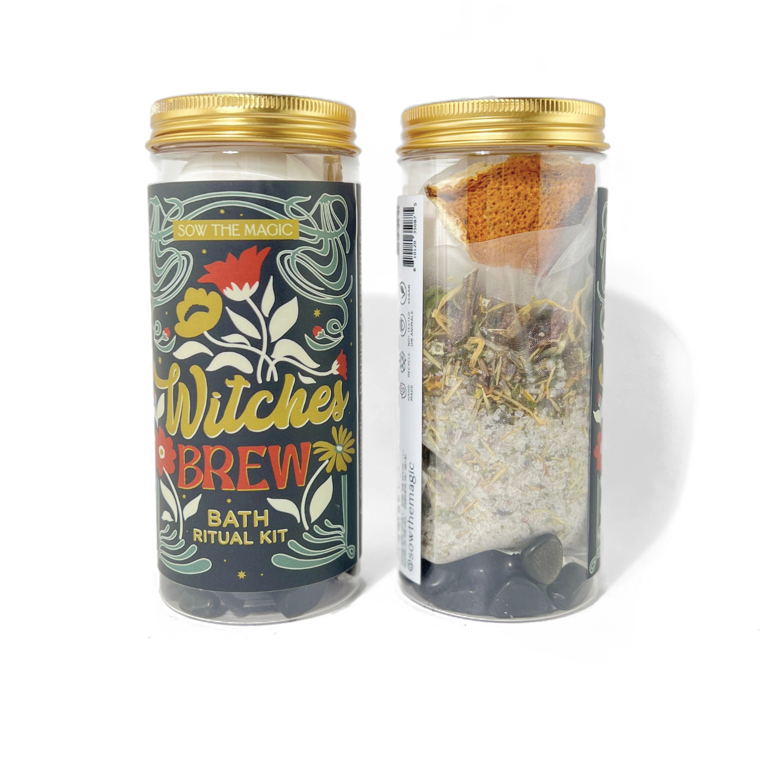 Front and back view of Witch’s Brew Bath Ritual Kit showing product label, ingredients, and included ritual contents.