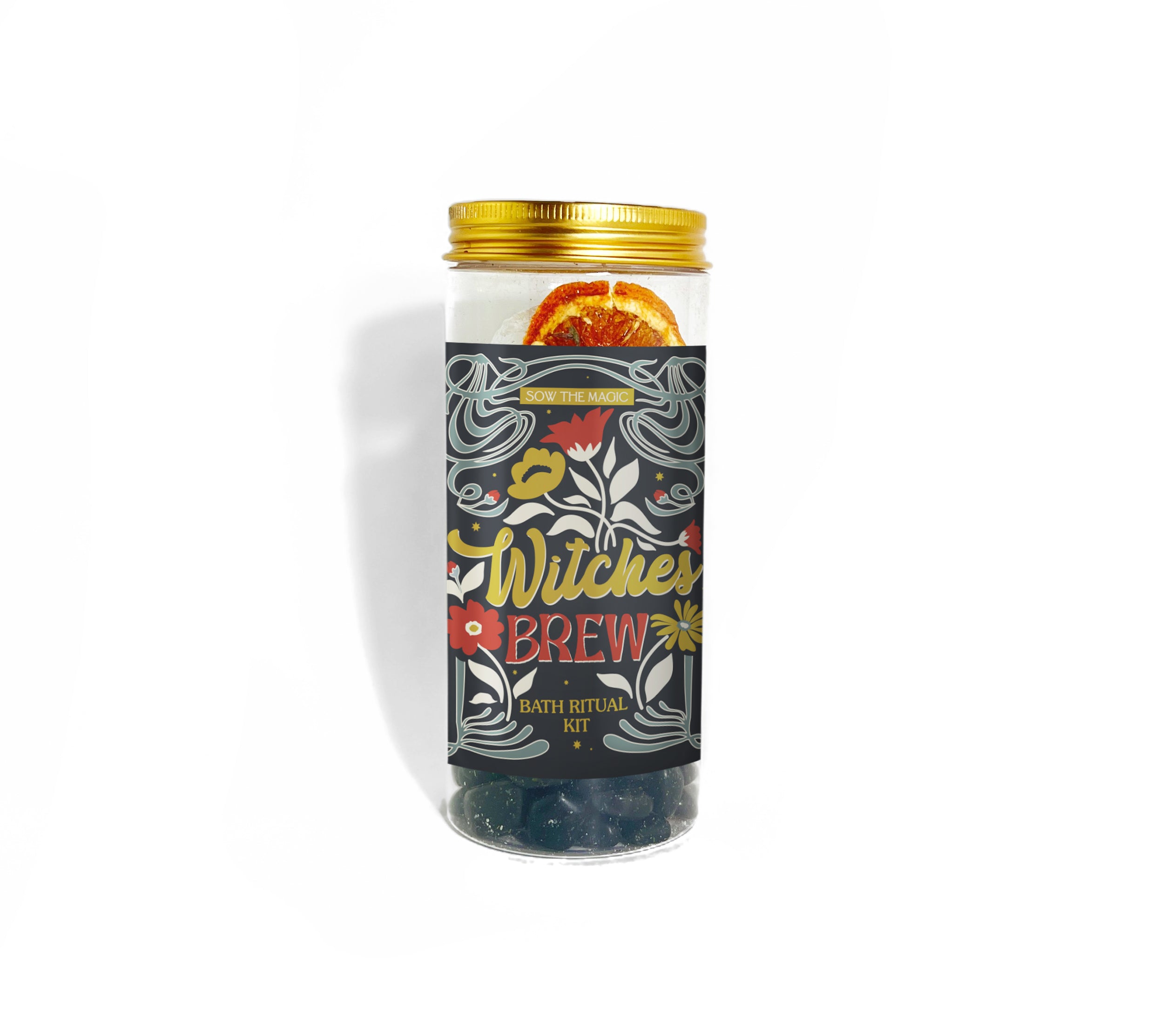Single Witch’s Brew Bath Ritual Kit standing upright with clear jar displaying orange peel, herbs, and obsidian stones.