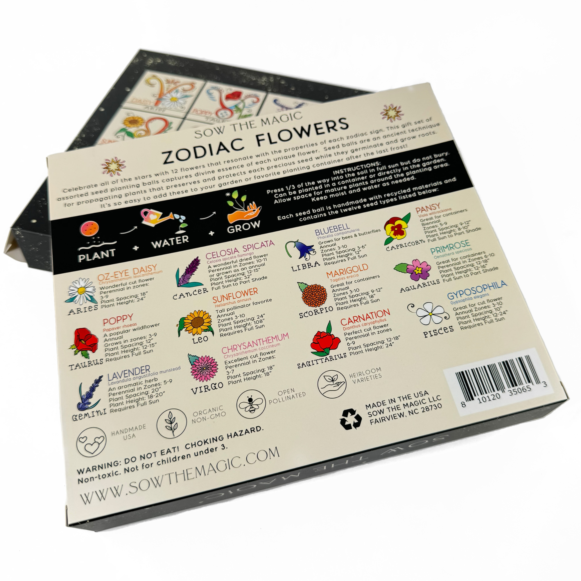 Back of Zodiac Flower Seed Ball box with instructions and flower meanings for each zodiac sign