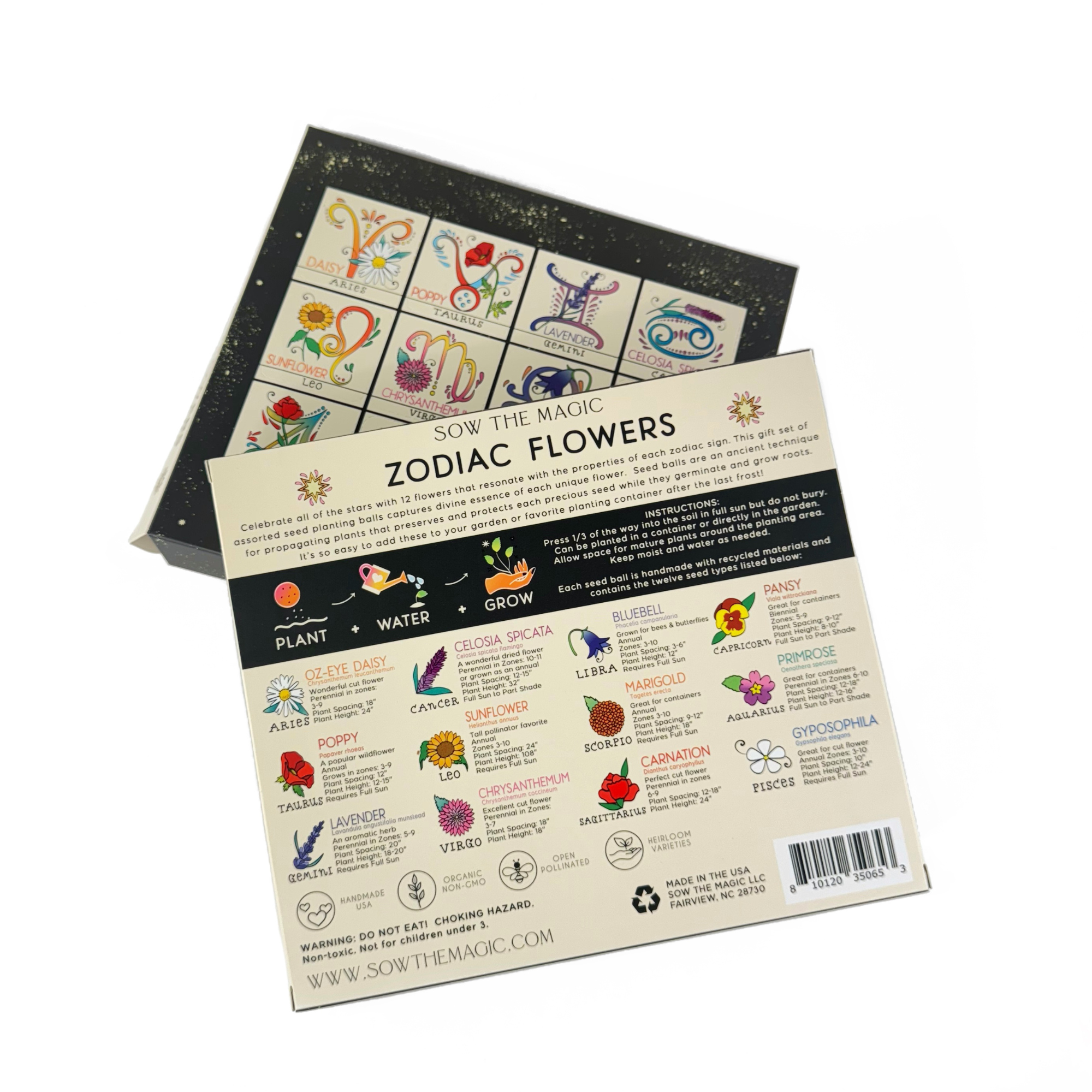 Front and back view of Zodiac Flower Seed Ball Planting Set showing packaging and flower chart