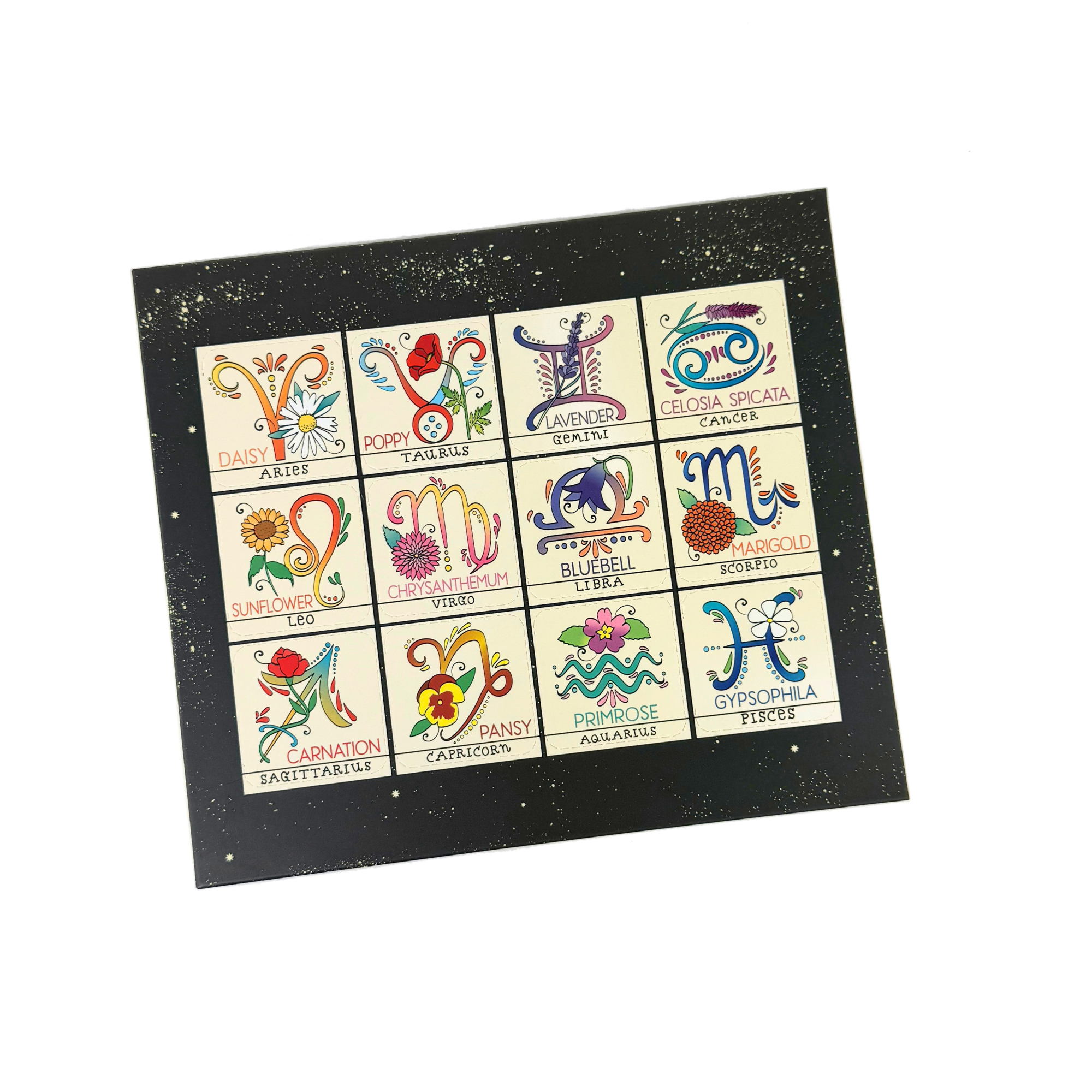 Flatlay of Zodiac Flower Seed Ball box featuring twelve astrology flower designs on black starry background