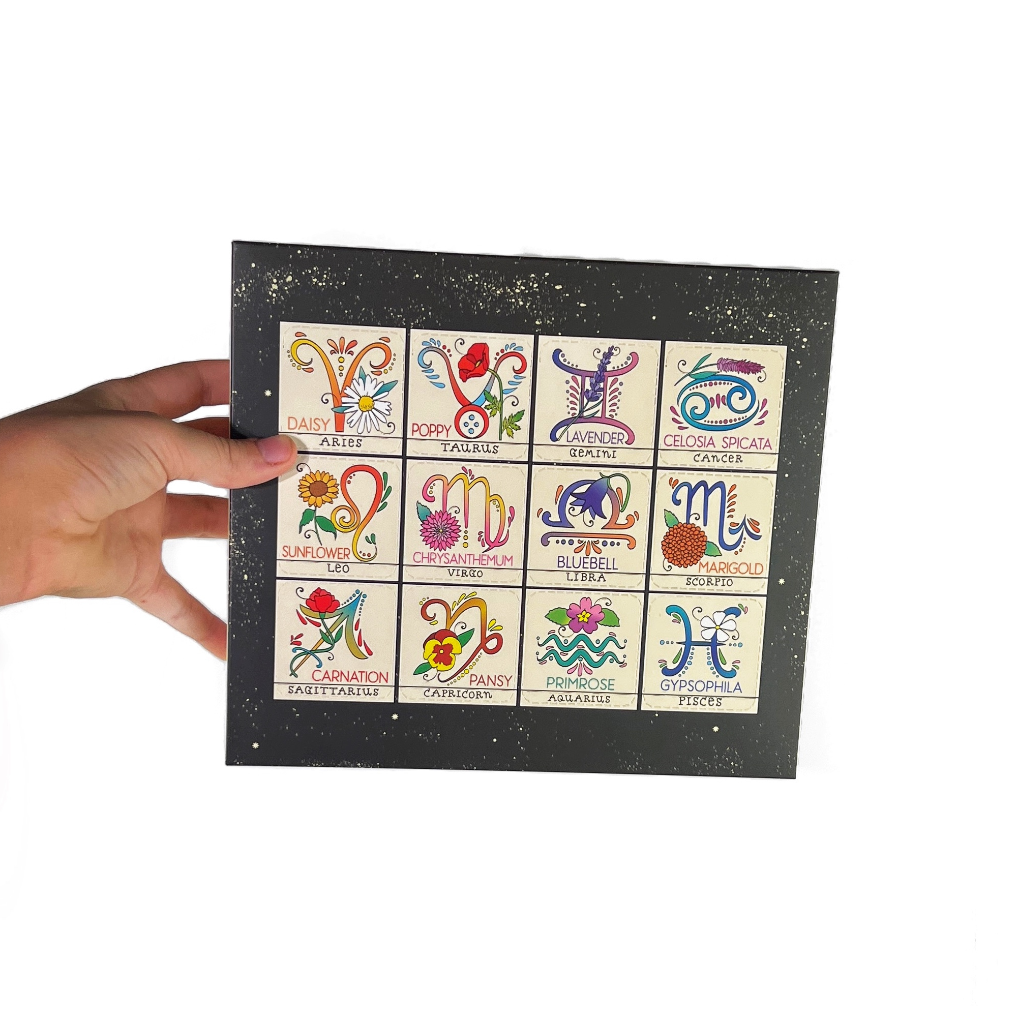 Person holding Zodiac Flower Seed Ball box showing illustrated astrological flower symbols