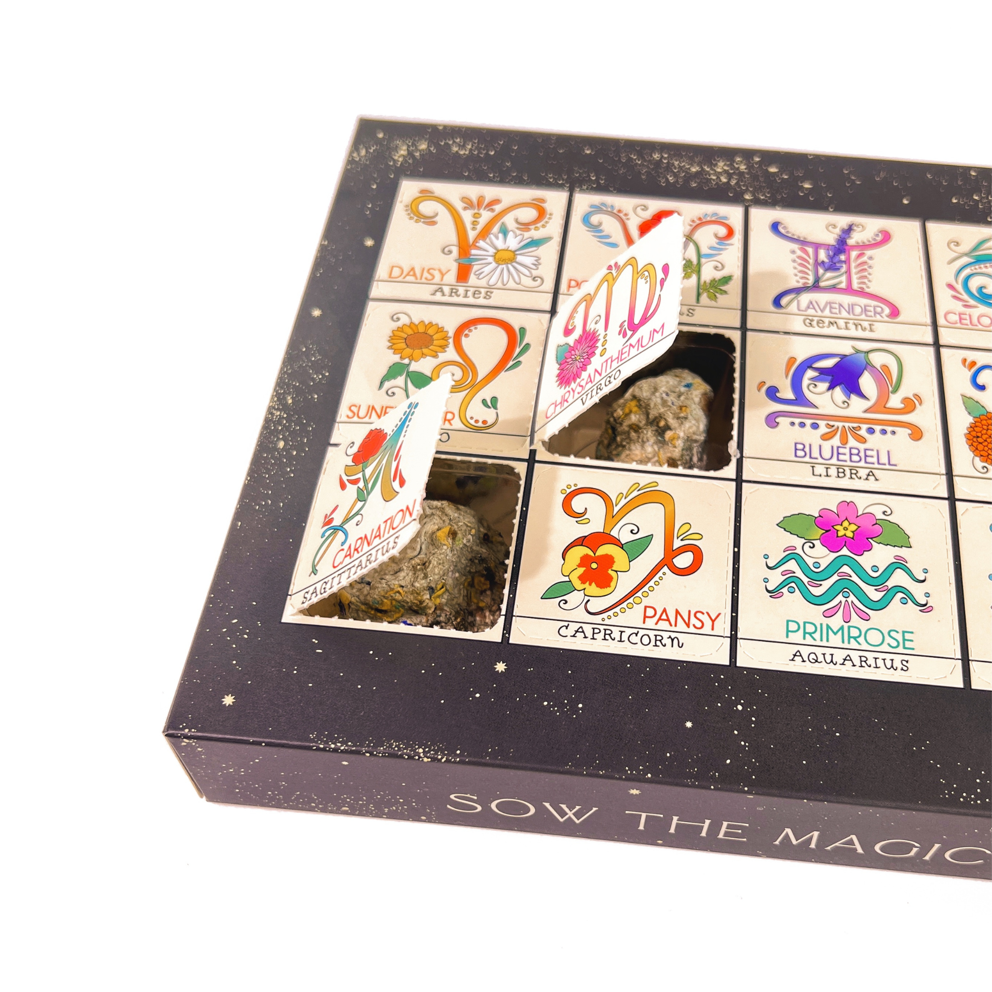 Open Zodiac Flower Seed Ball box showing Aries through Pisces flower labels and seed balls