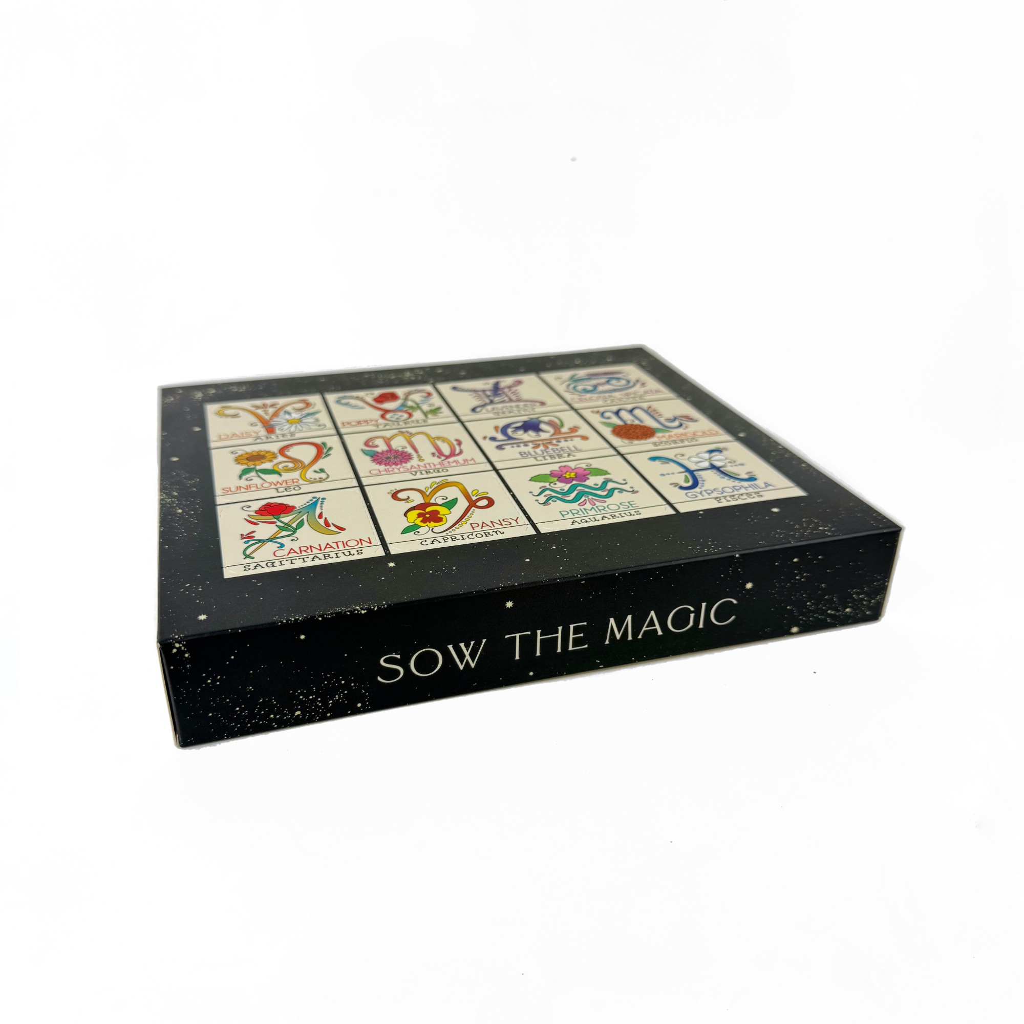 Side profile of Zodiac Flower Seed Ball gift box with celestial Sow the Magic branding