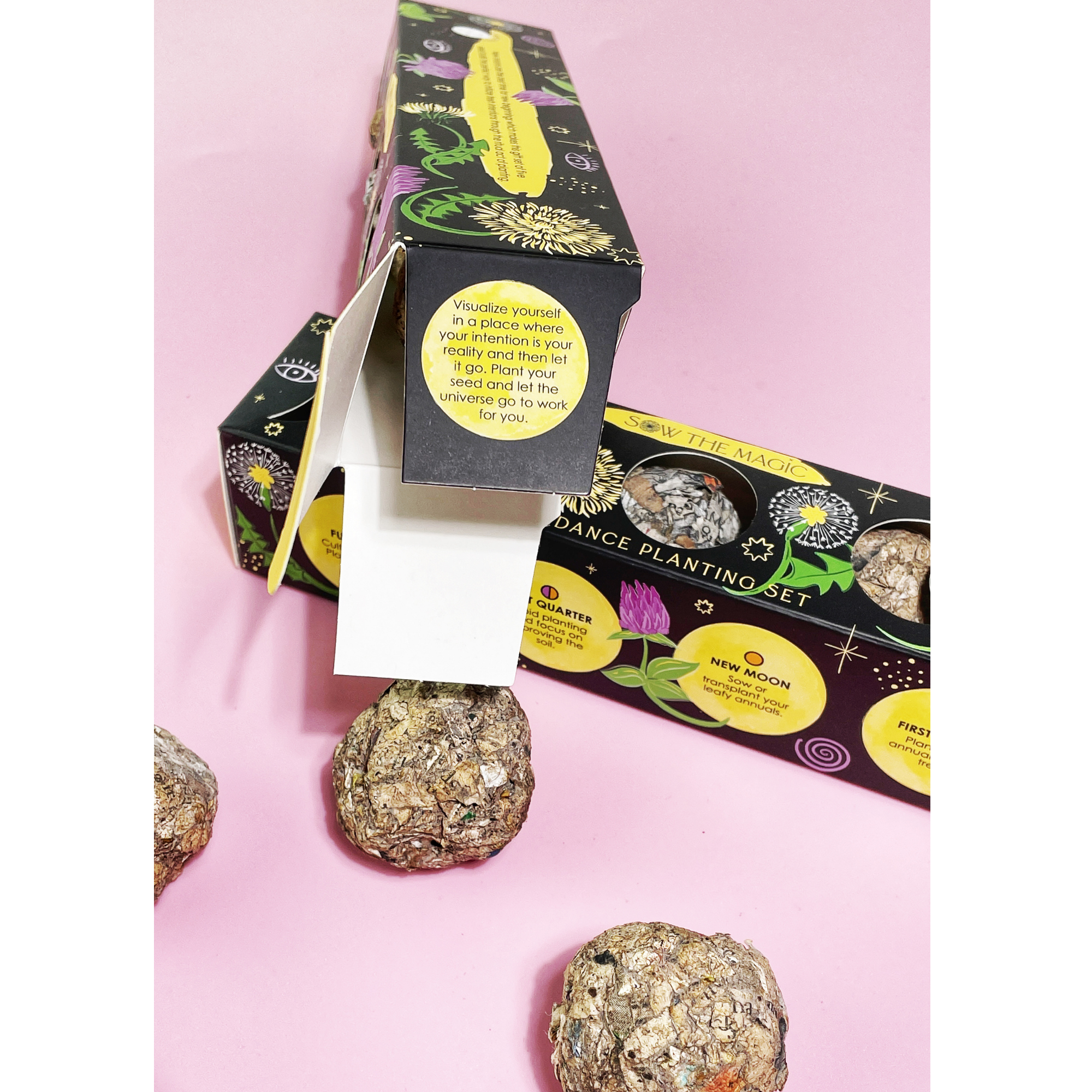 Moon Phase Abundance Seed Ball Planting Set gift box displayed with handmade seed balls