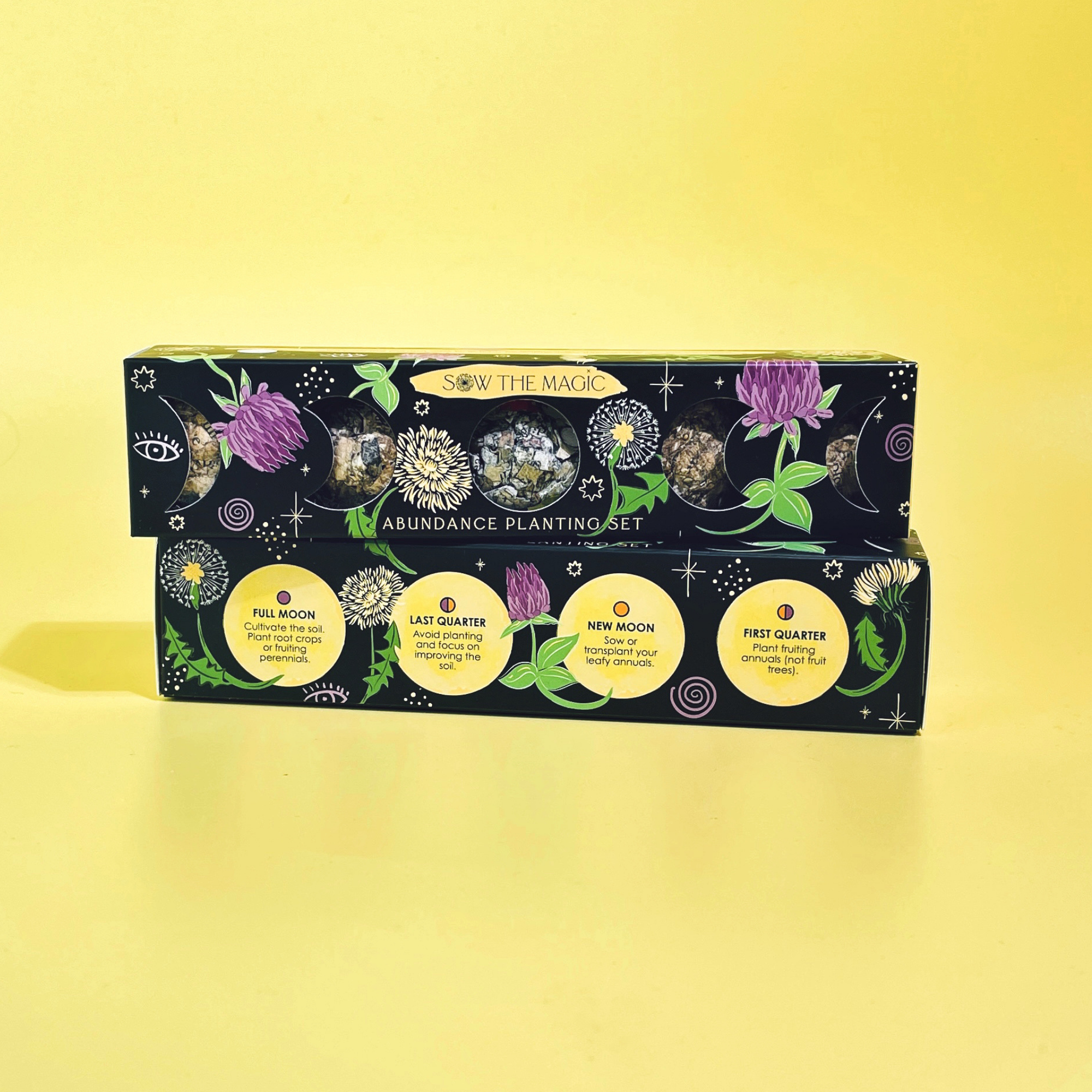 Abundance Seed Ball Planting Set showing five moon phases and abundance planting guidance