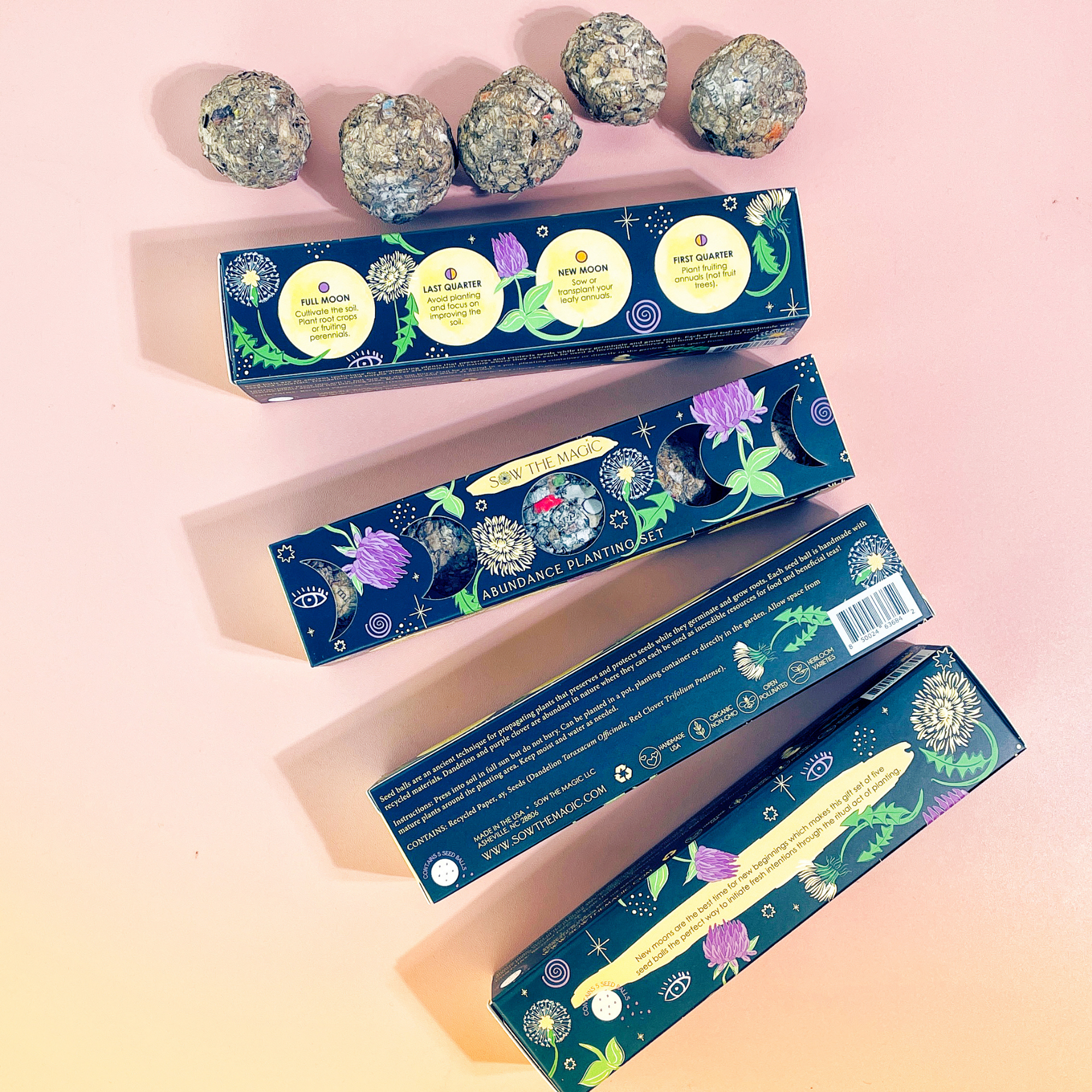 Open Moon Phase Abundance Planting Set with five seed balls and illustrated planting guide
