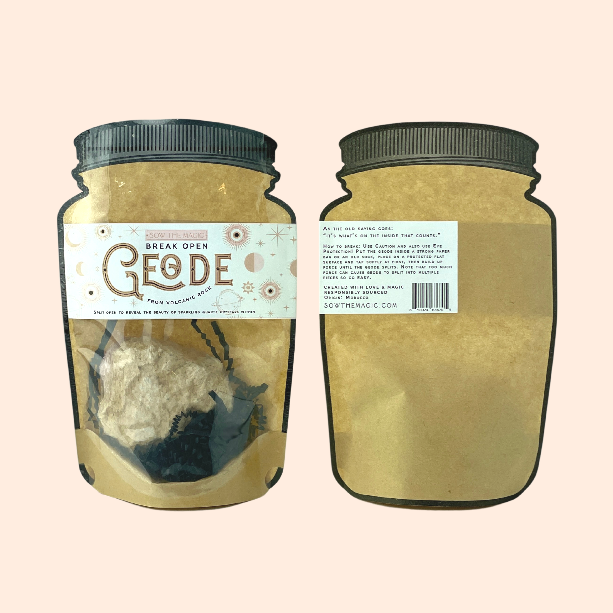 Front and back of Break Open Geode Rock pouch showing instructions and product label design