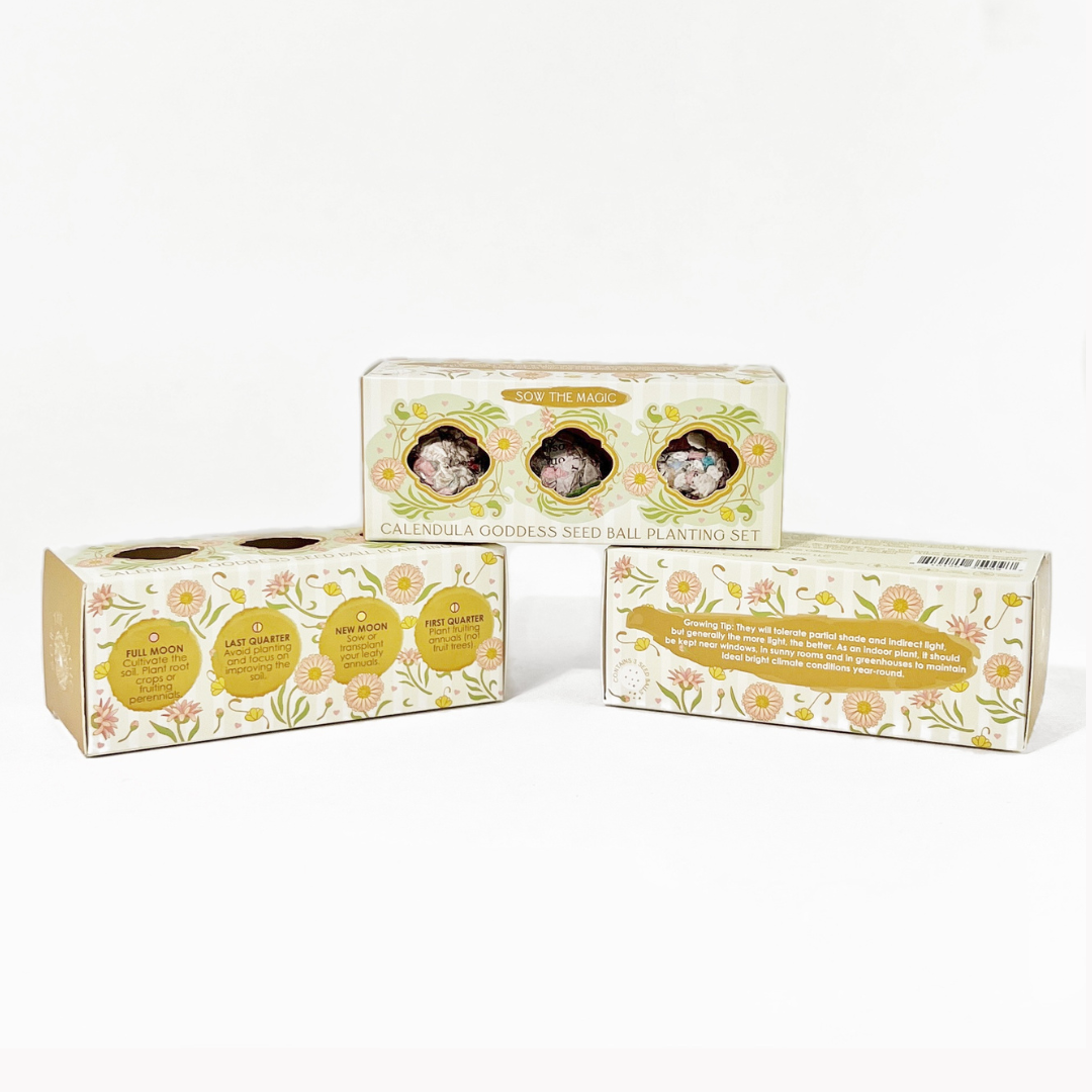 Front and back packaging of Calendula Goddess Mini Seed Ball Gift Box Set with planting instructions