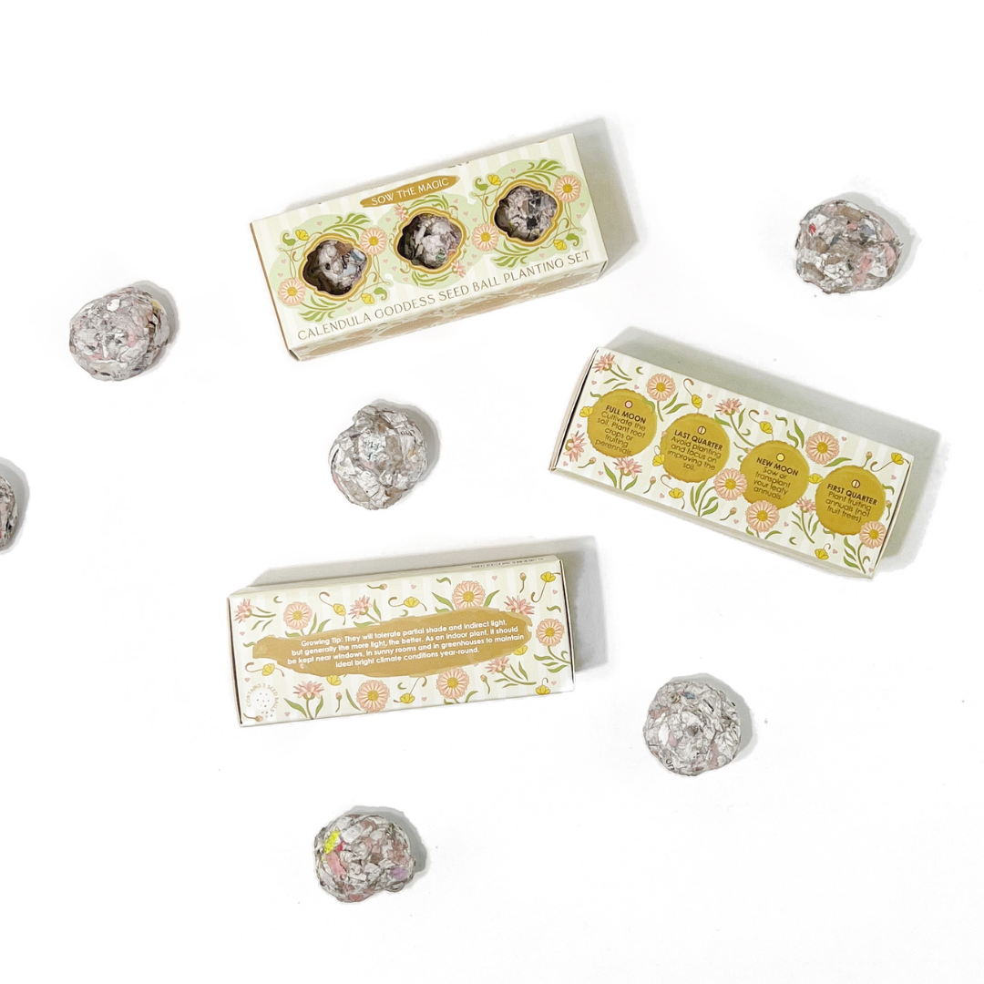Calendula Goddess Mini Seed Ball Gift Box Set with handmade seed balls crafted from recycled paper, clay and seeds