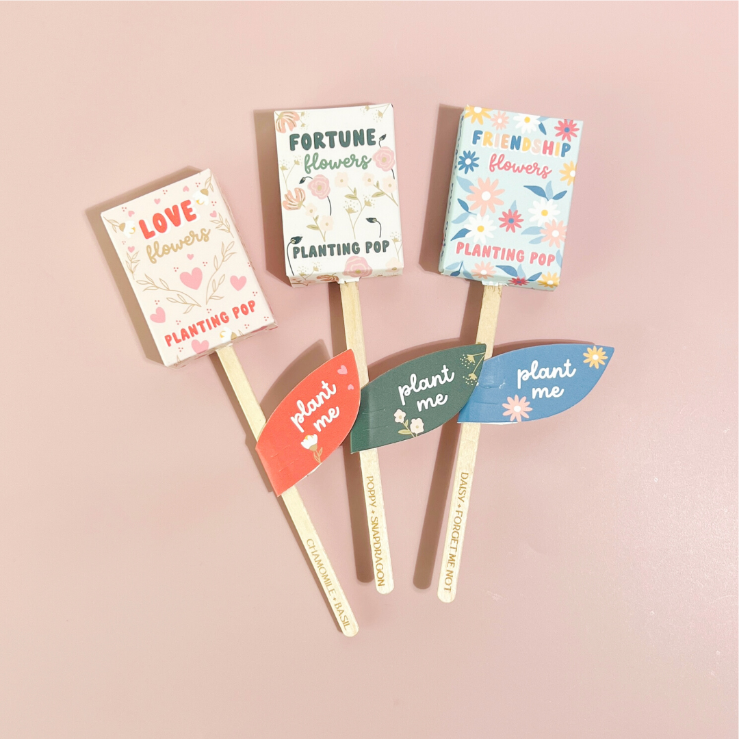 Trio of planting pops labeled Love, Fortune, and Friendship with bright floral designs