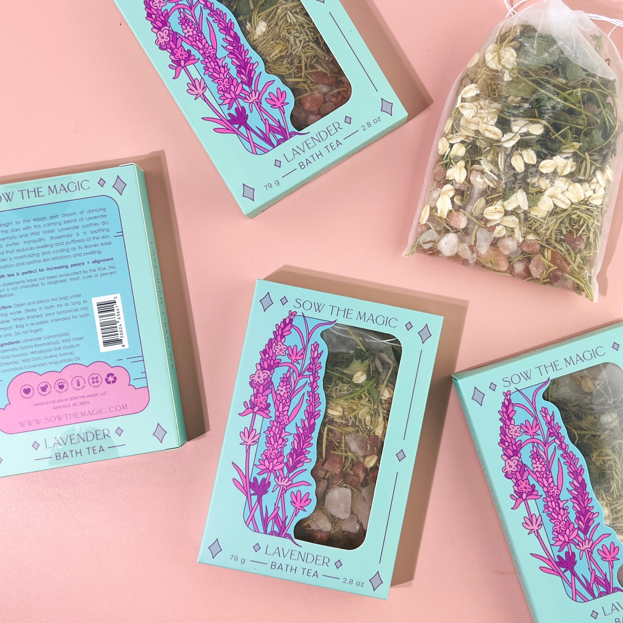 Lavender Lovers Tarot Botanical Bath Tea Boxes by Sow the Magic displayed on pink background with herbal tea bag and lavender artwork.