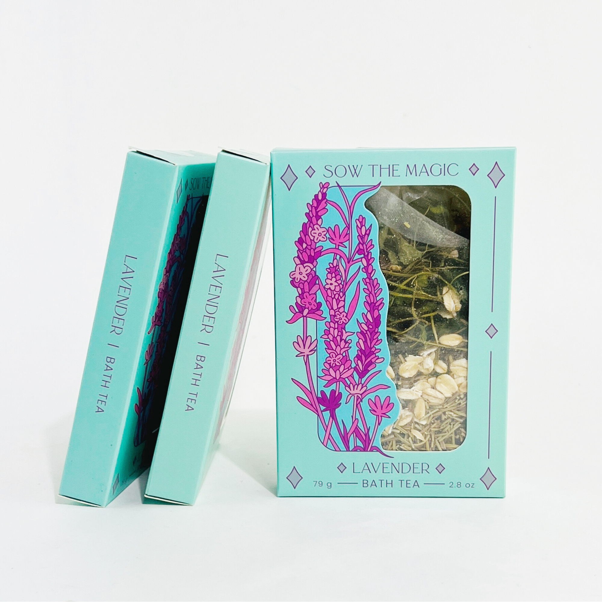 Lavender Lovers Tarot Botanical Bath Tea Boxes by Sow the Magic standing upright with vibrant lavender illustration and clear window.