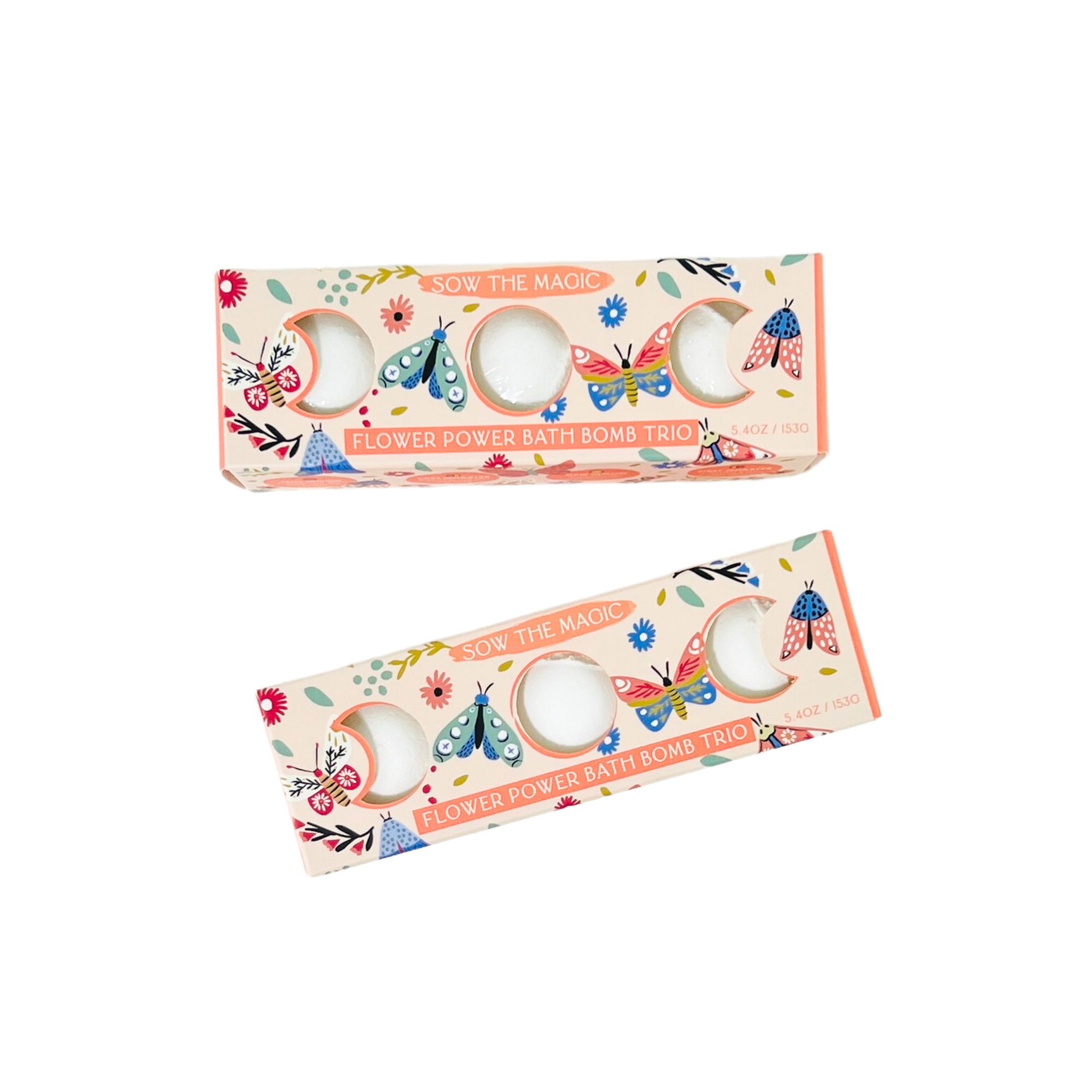 Moon Phase Flower Power Bath Bomb Trio with bright floral packaging and colorful moon illustrations