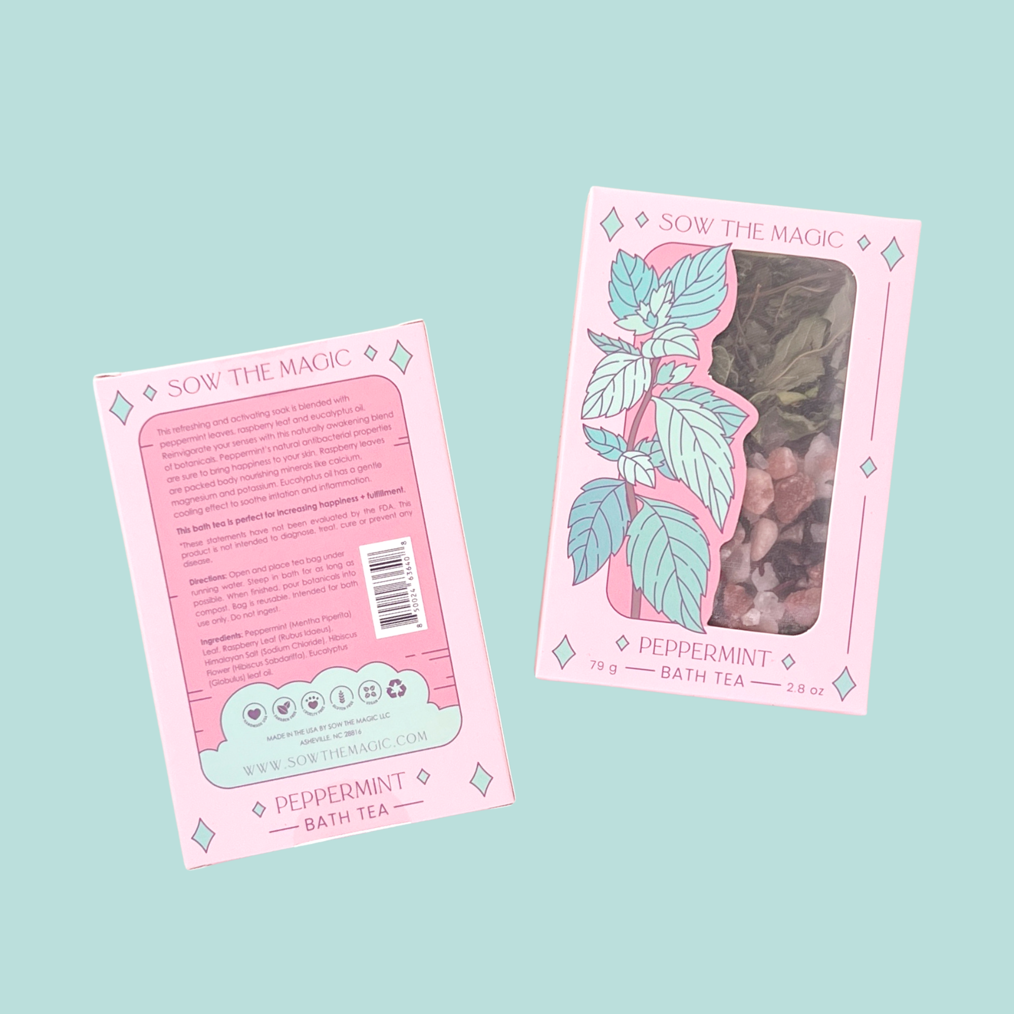 Front and back of Peppermint Tarot Botanical Bath Tea Box by Sow the Magic showing ingredients and mint leaf design.