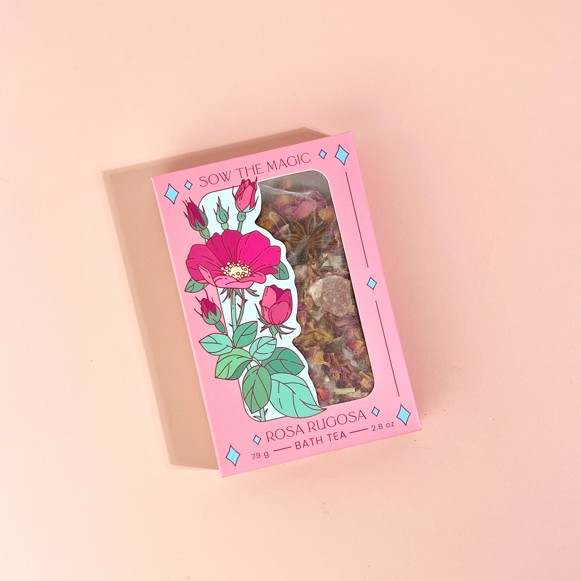 Single Rosa Rugosa Tarot Botanical Bath Tea Box on soft pink background highlighting rose art and herbal blend inside.