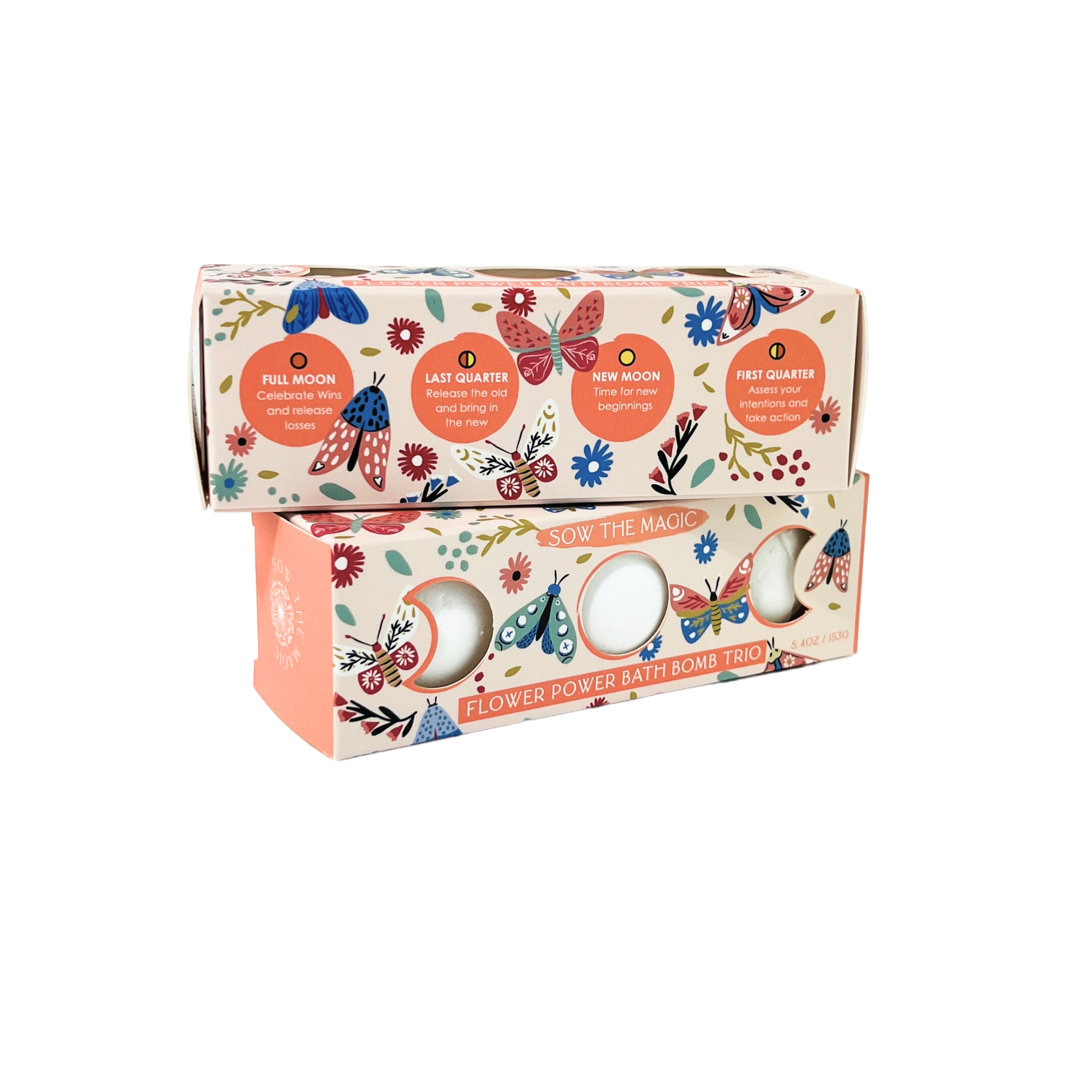 Multiple Sow the Magic Flower Power Bath Bomb Trio boxes stacked showing vibrant floral packaging